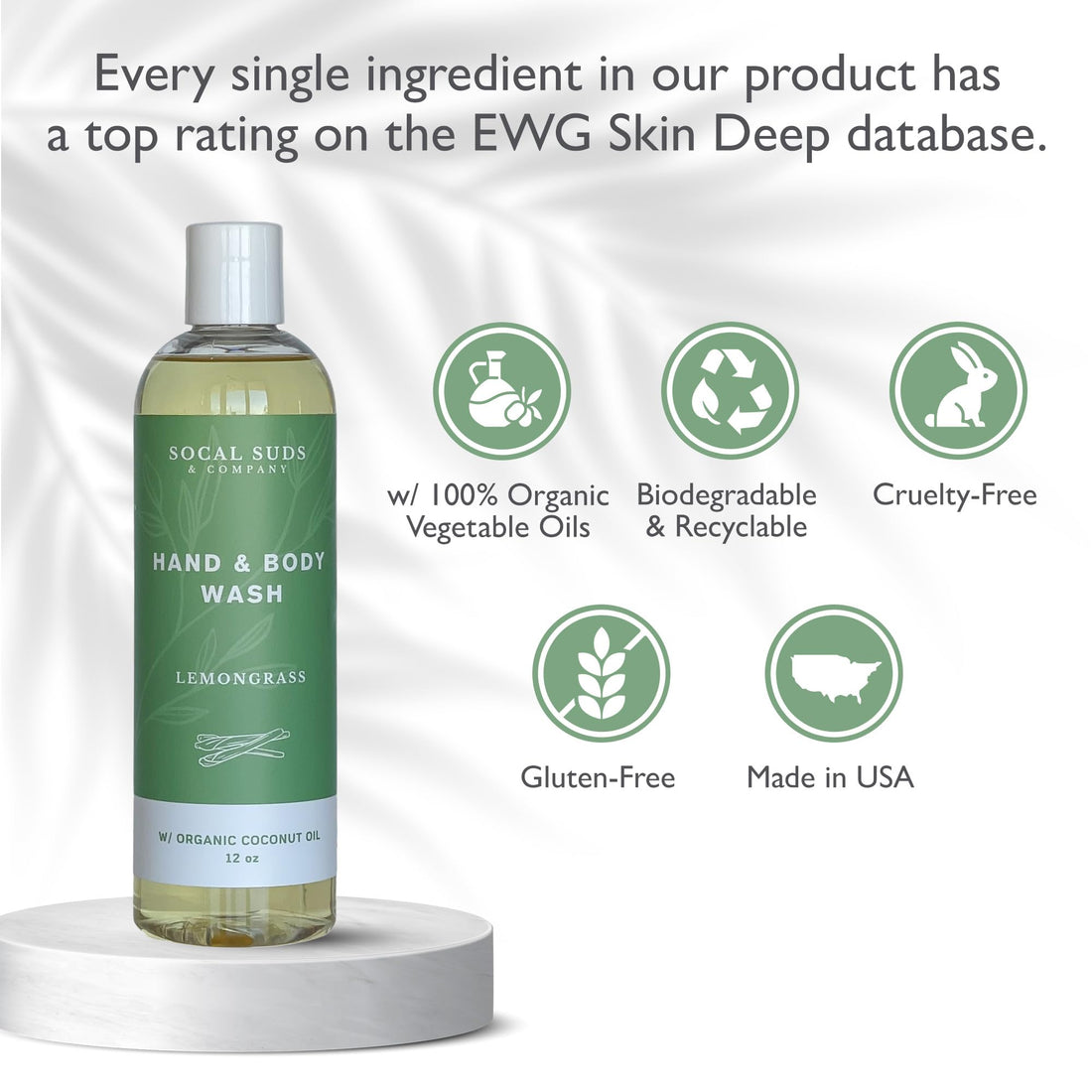 SoCal Suds &amp; Company 12oz Organic Soap Liquid, Gentle Hand &amp; Body Wash - Organic Body Wash for Men and Women, Made w/Organic Oils &amp; Coconut Oil, Bath Essentials for All Skin Types - Lemongrass
