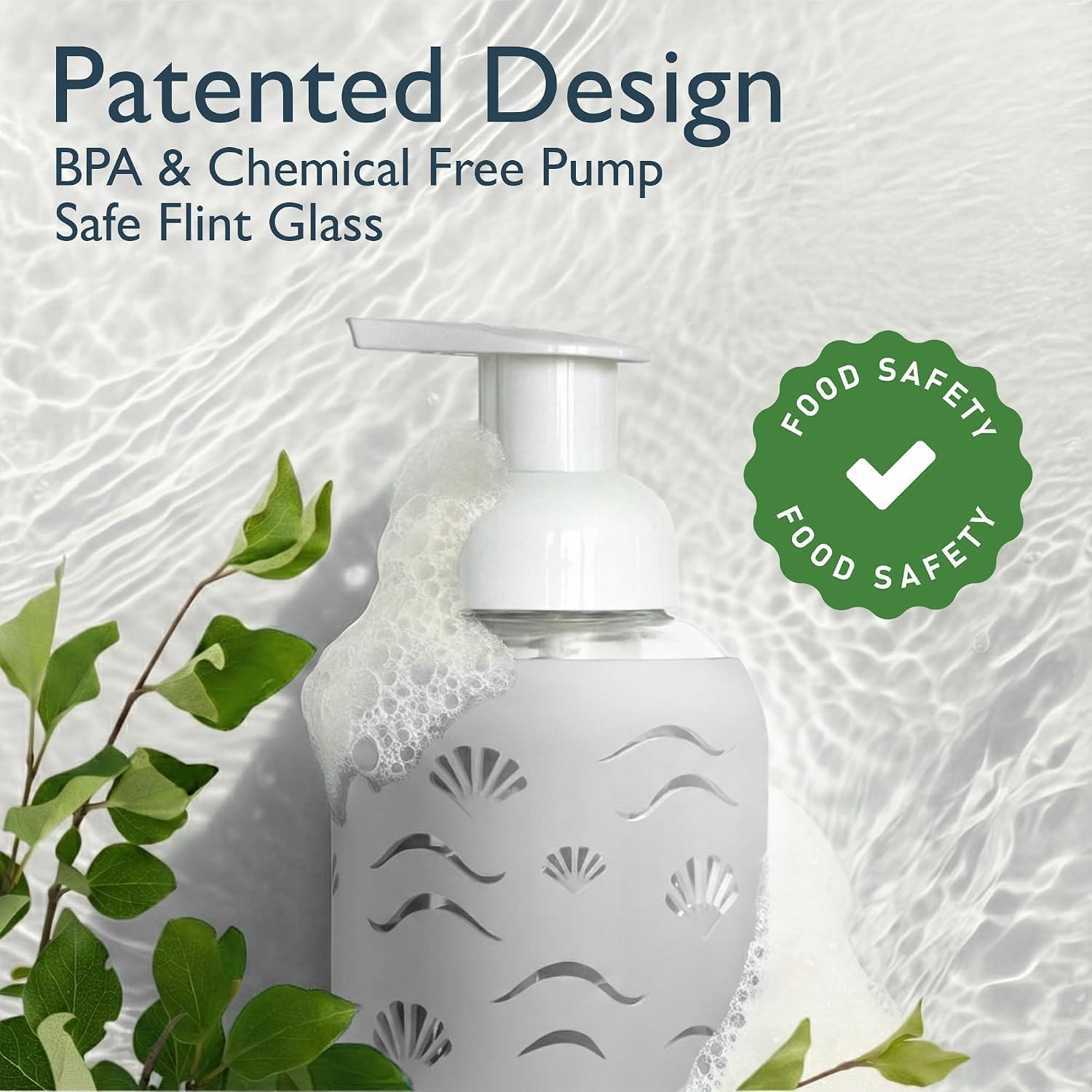 8oz Glass Foaming Soap Dispenser w/ Soft Silicone Sleeve- Seashells- Sand