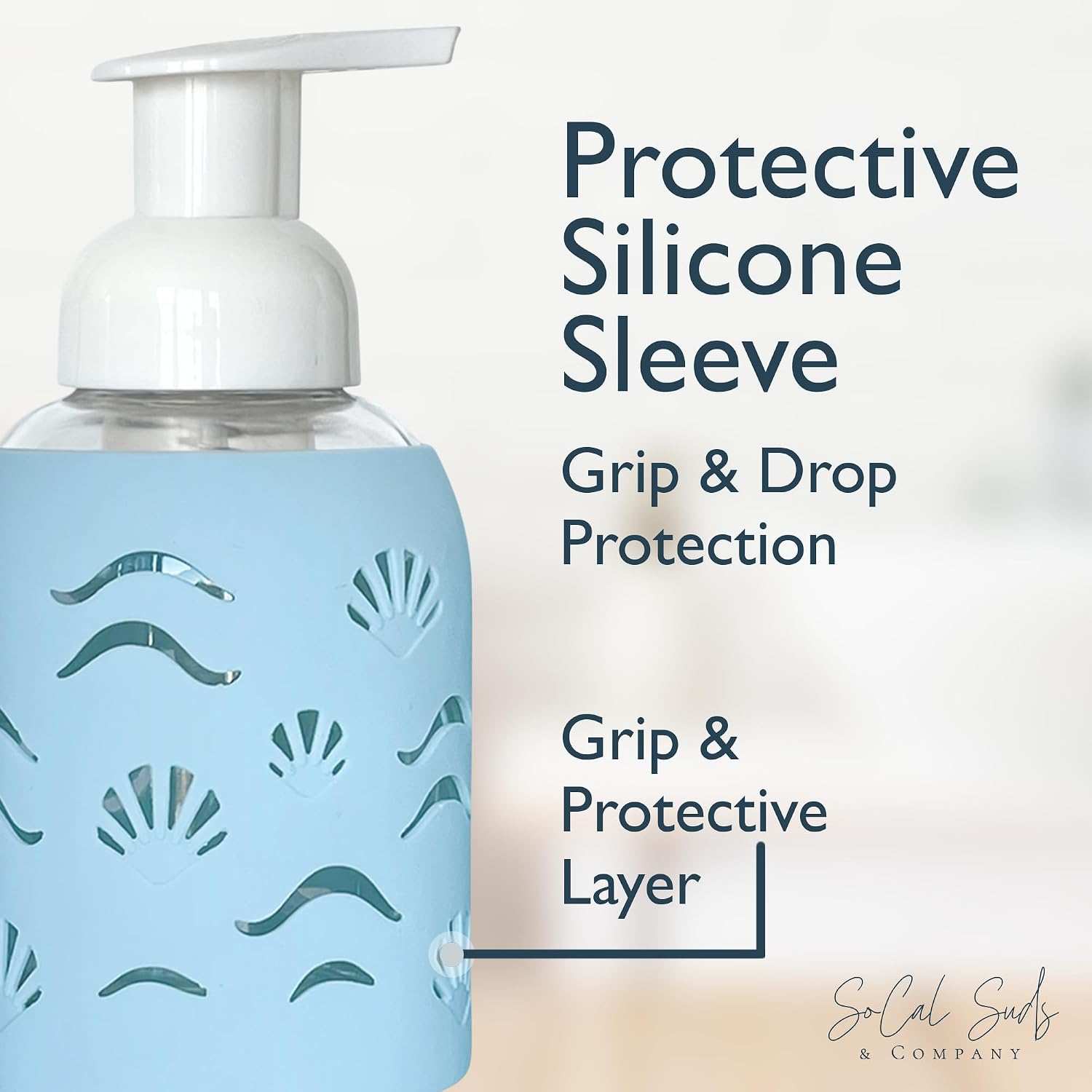 8oz Glass Foaming Soap Dispenser w/ Soft Silicone Sleeve- Seashells- Sea Foam