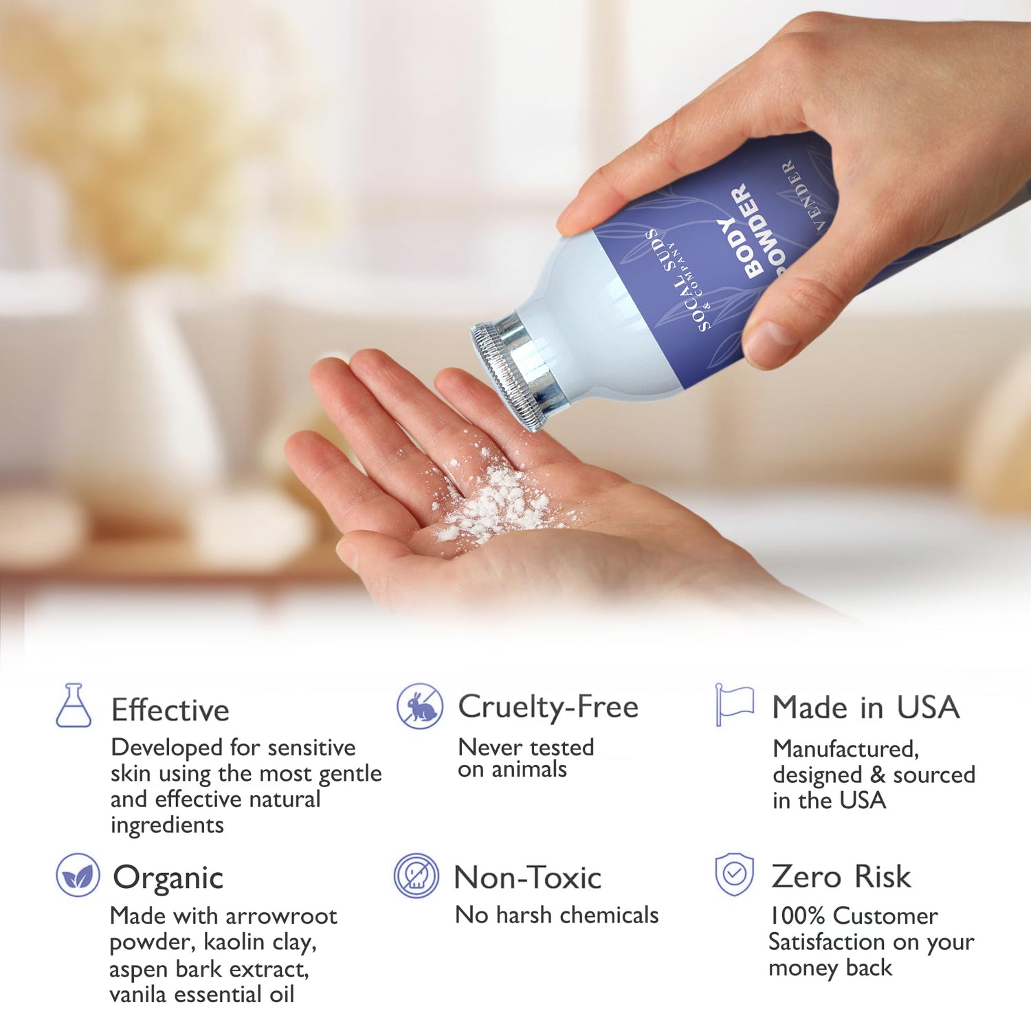 SoCal Suds &amp; Company Natural Body Powder Talc-Free - with Arrowroot Powder, Kaolin, Aspen Bark Extract for Soft Soothing Delicate Skin - Lavender 4oz, 1-Pack