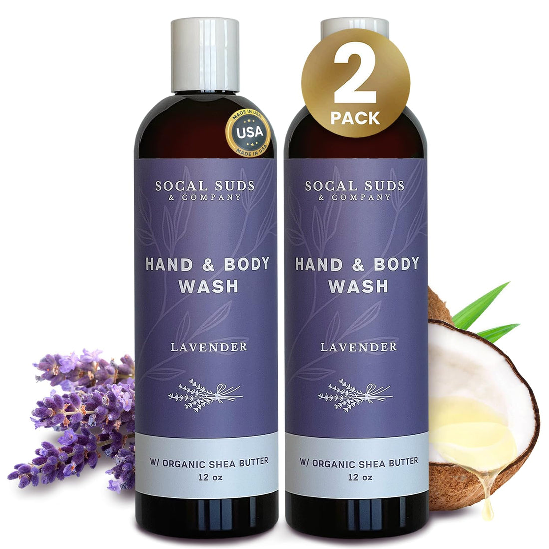 SoCal Suds &amp; Company Hand &amp; Body Wash Organic Shea Butter - Lavender Scent - Liquid Soap - Daily Body Wash for Men and Women - Moisturizing Ingredients - Gentle Shower Gel - Non-Drying - 12oz (2pack)