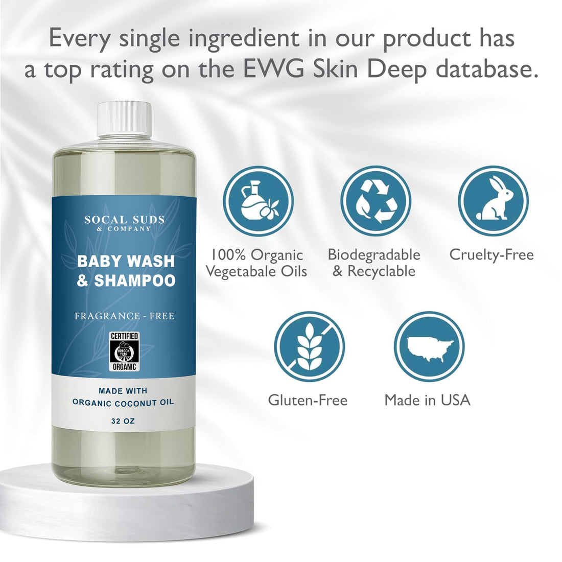 SoCal Suds &amp; Company - 2-in-1 Organic Foaming Baby Wash Castile Soap &amp; Shampoo Refill - Gentle Body Soap for Sensitive Gentle Bath -Nourishing Soothing Ingredients -Newborn Baby - Fragrance Free, 32oz