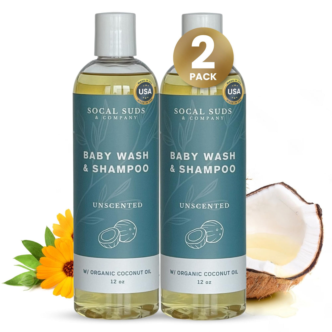 SoCal Suds &amp; Company Baby Shampoo &amp; Body Wash, 2-in-1 Organic Gel - Gentle Castile Soap with Vitamin-Infused Oils &amp; Botanicals - Natural Care for Sensitive Skin Hypoallergenic -12oz Fragrance Free 2Pk