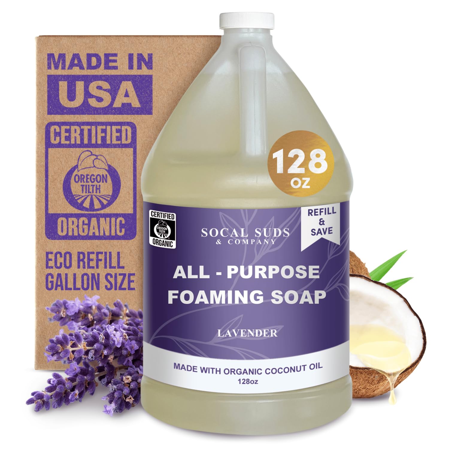 SoCal Suds &amp; Company 128oz Certified Organic Foaming Hand &amp; Body Wash - Gentle Natural Body,Baby &amp; Face Wash for Sensitive Skin, Moisturizing Soap, Hand Soap and More - Lavender