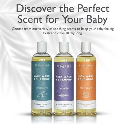 SoCal Suds &amp; Company Baby Shampoo &amp; Body Wash, 2-in-1 Organic Gel - Gentle Castile Soap with Vitamin-Infused Oils &amp; Botanicals - Natural Care for Sensitive Skin Hypoallergenic - 12oz Sweet Orange