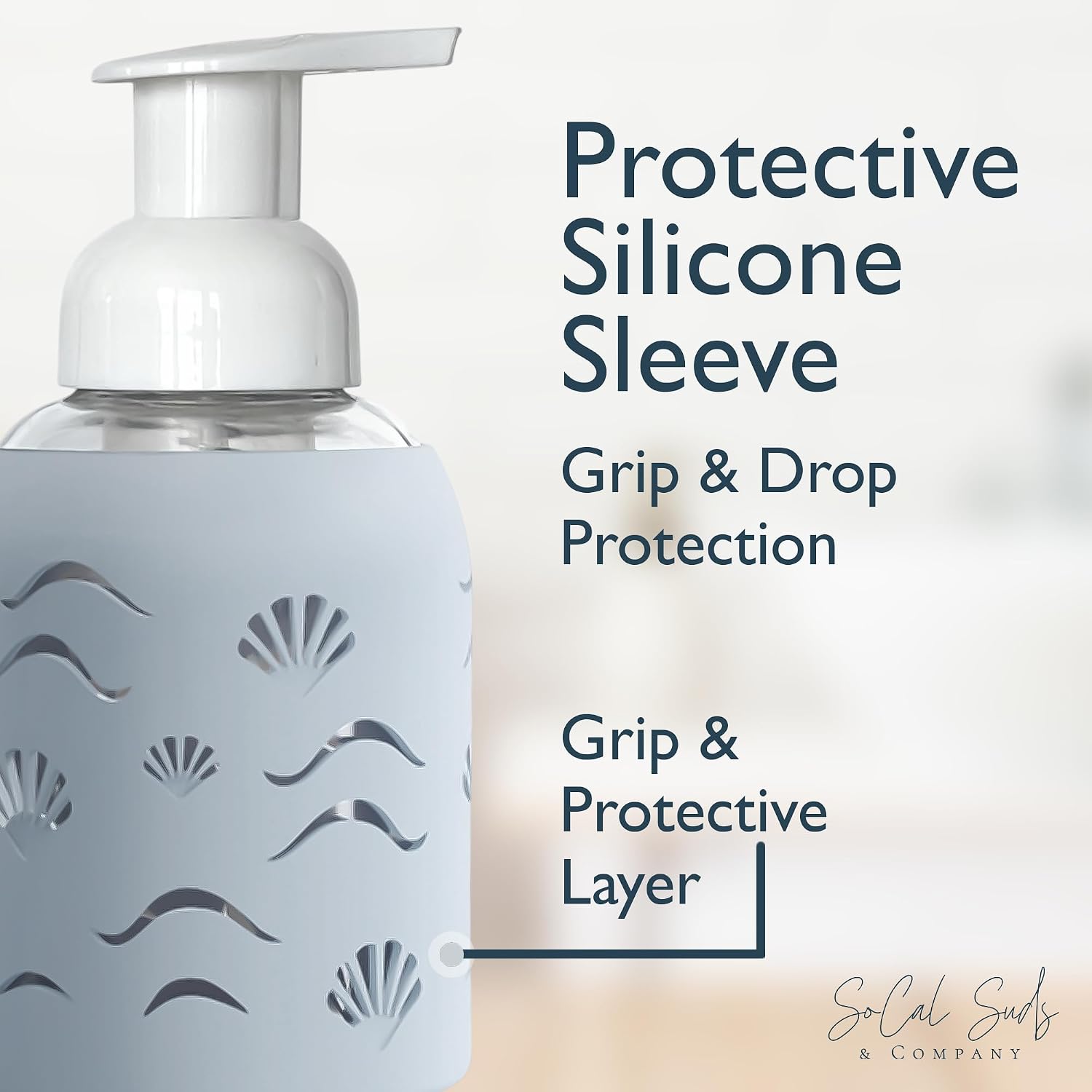 8oz Glass Foaming Soap Dispenser w/ Soft Silicone Sleeve- Seashells- Misty Blue