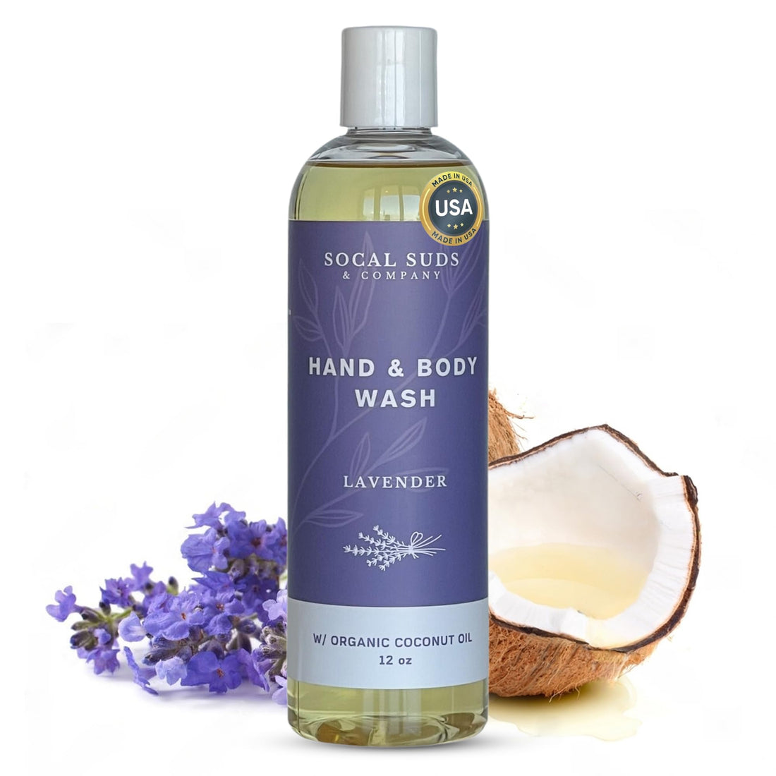 SoCal Suds &amp; Company 12oz Organic Soap Liquid, Gentle Hand &amp; Body Wash - Organic Body Wash for Men and Women, Made w/Organic Oils &amp; Coconut Oil, Bath Essentials for All Skin Types - Lavender