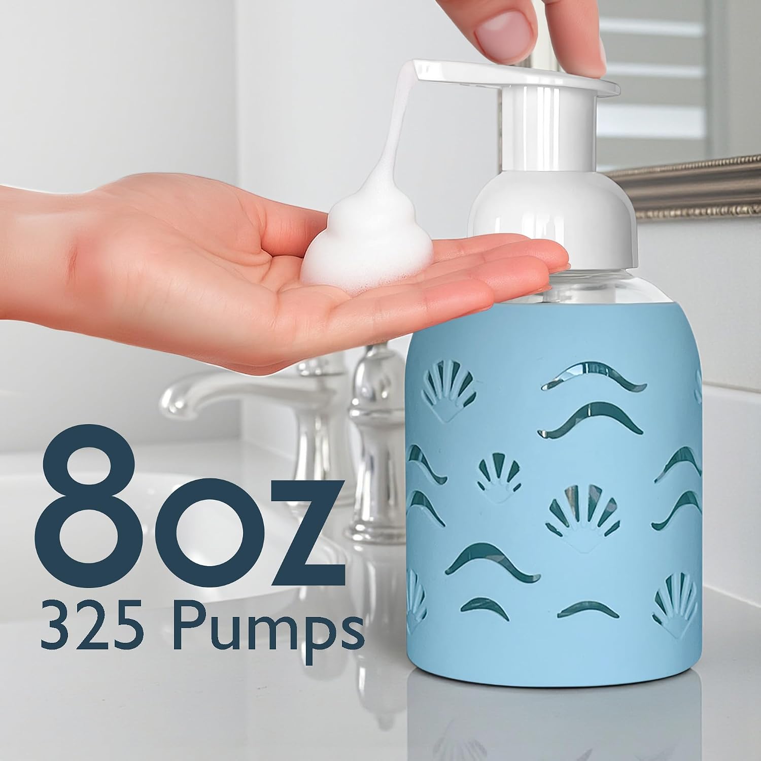 8oz Glass Foaming Soap Dispenser w/ Soft Silicone Sleeve- Seashells- Sea Foam