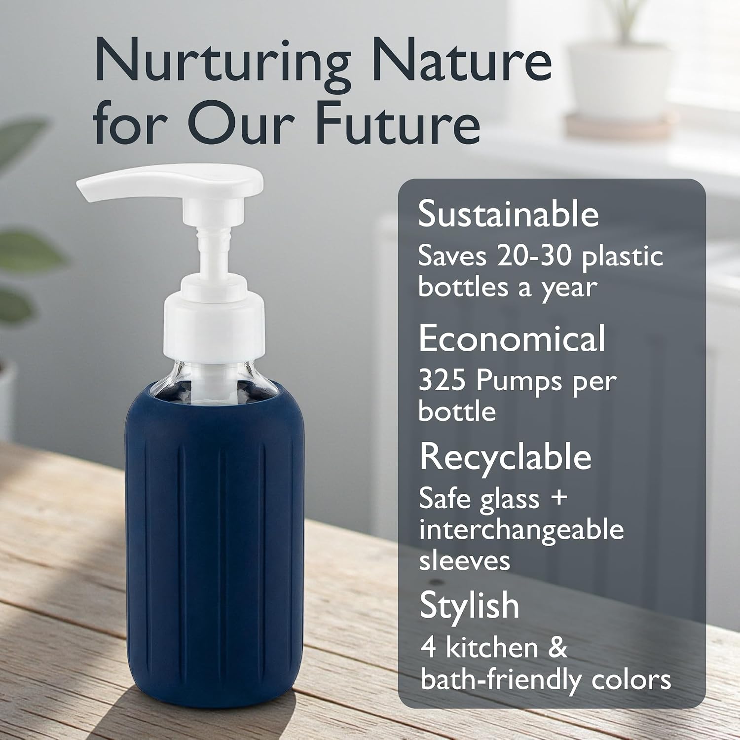 8oz Glass Gel Soap Dispenser w/ Soft Silicone Sleeve- Fluted- Navy Blue
