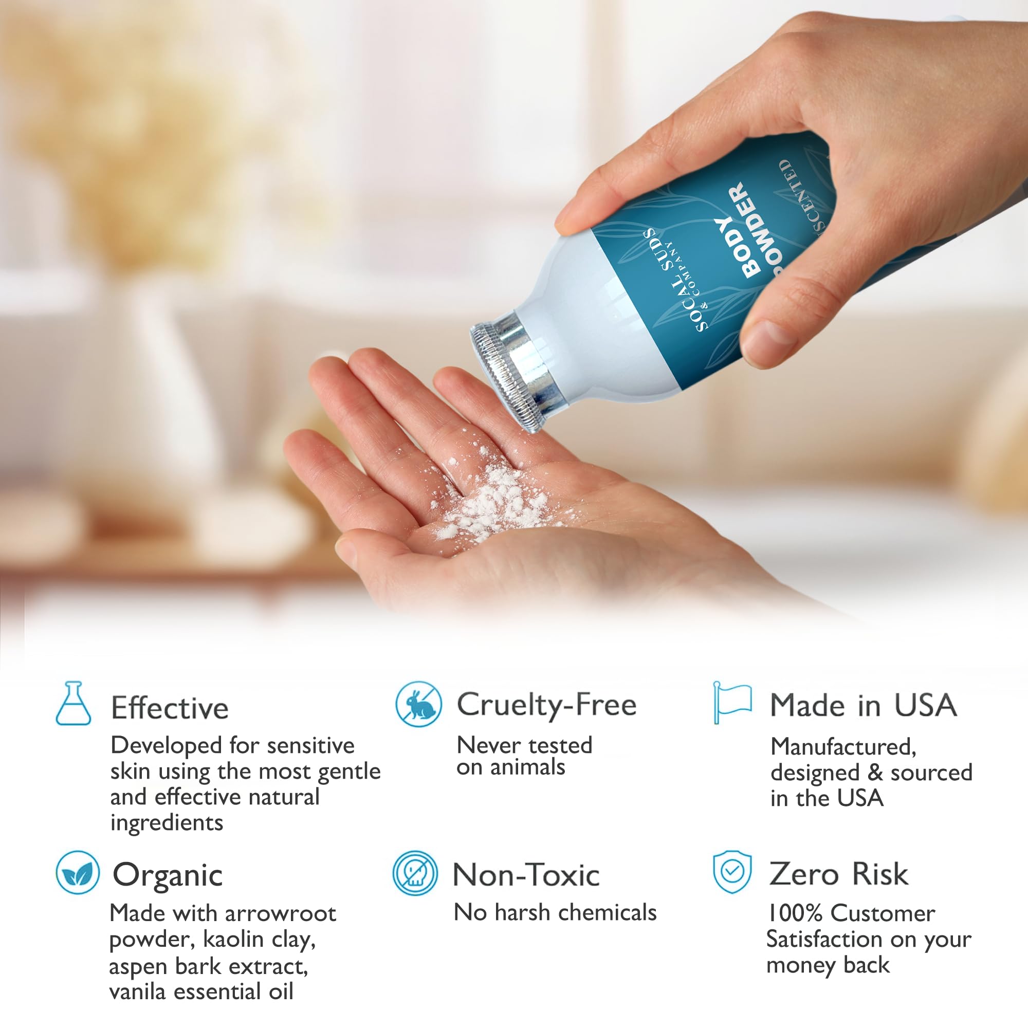 SoCal Suds &amp; Company Natural Body Powder Talc-Free - with Arrowroot Powder, Kaolin, Aspen Bark Extract for Soft Soothing Delicate Skin - Fragrance Free, 4oz, 1-Pack