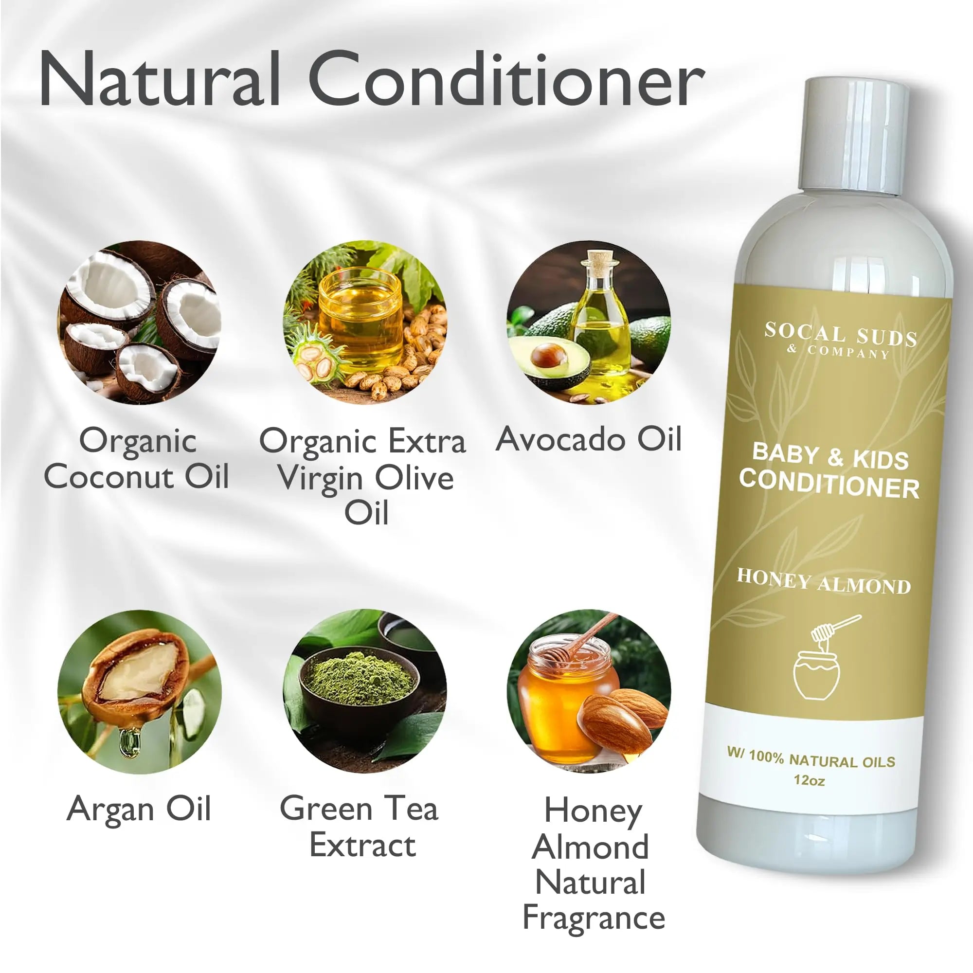 Organic Baby & Kids Conditioner – Moisturizing Formula with Natural Honey Almond Scent, Gentle & Nourishing, All Hair Types, Non-Greasy, Ideal for Sensitive Scalps, 12oz