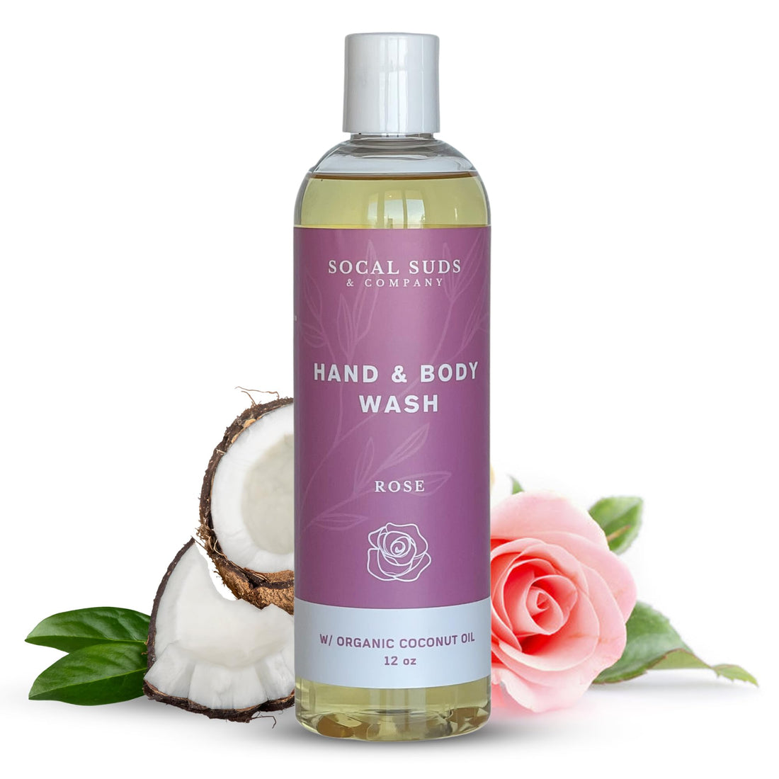 SoCal Suds &amp; Company 12oz Organic Soap Liquid, Gentle Hand &amp; Body Wash - Organic Body Wash for Men and Women, Made w/Organic Oils &amp; Coconut Oil, Bath Essentials for All Skin Types - Rose