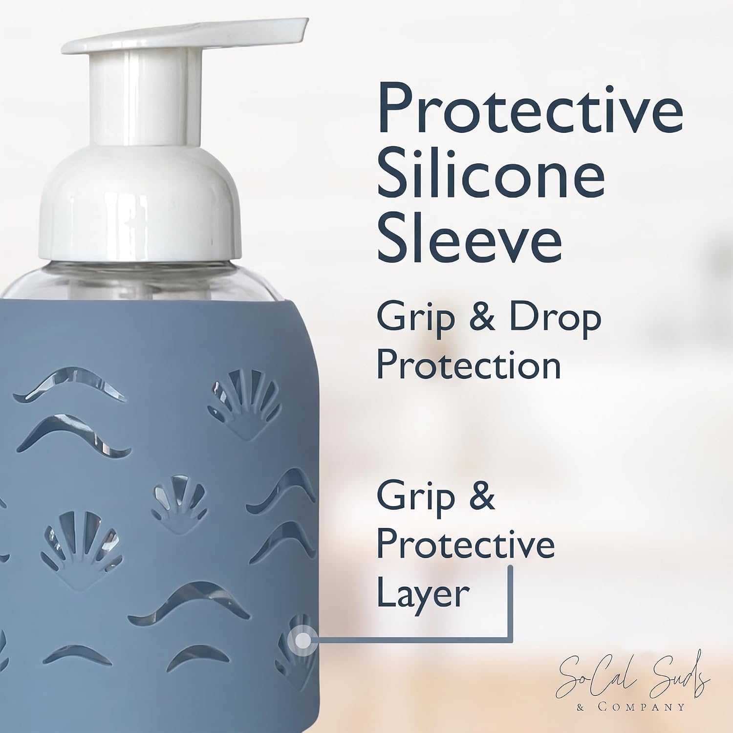 8oz Glass Foaming Soap Dispenser w/ Soft Silicone Sleeve- Seashells- Storm Blue