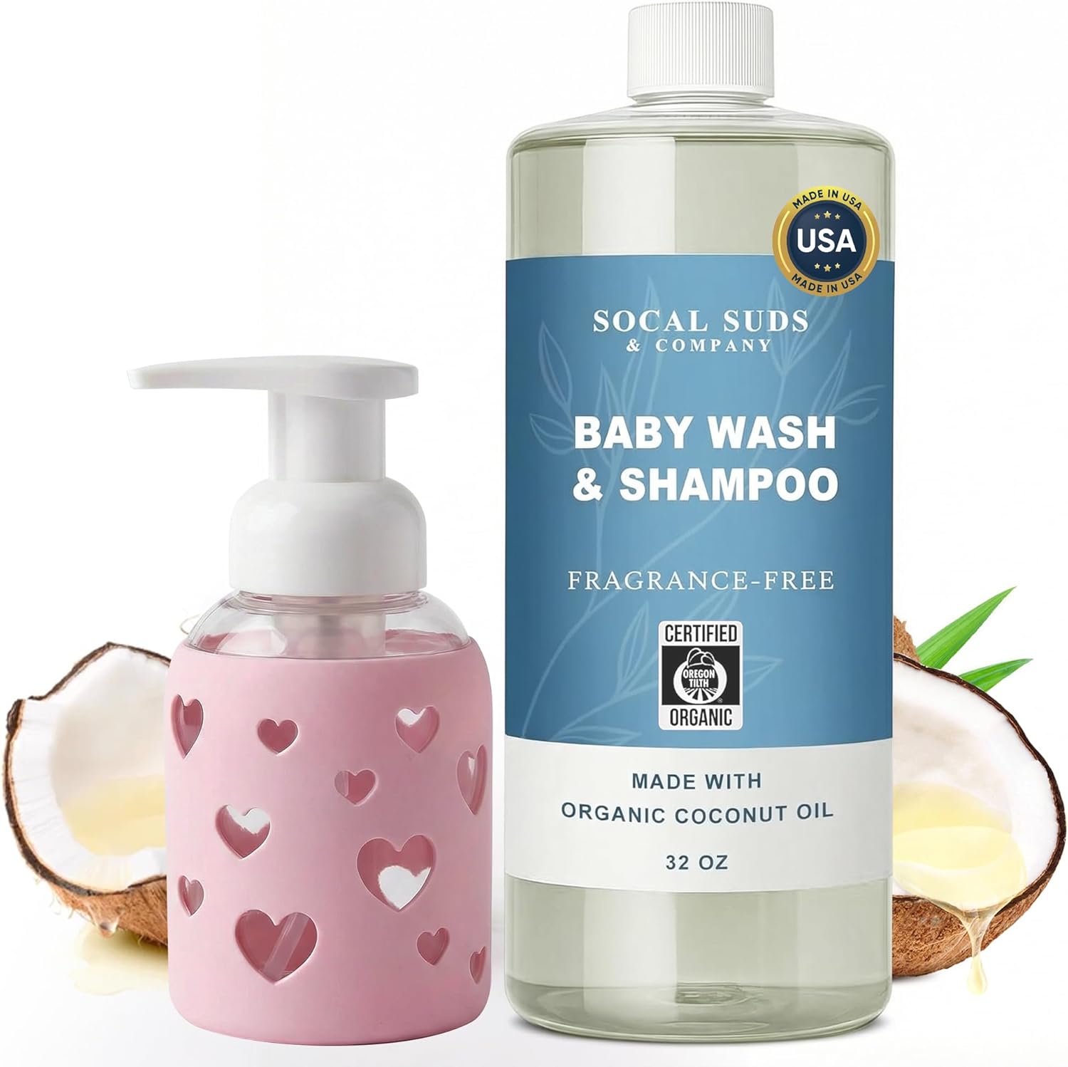 SoCal Suds & Company - 2-in-1 Organic Foaming Baby Wash Castile Soap & Shampoo Refill, Fragrance Free - 32oz & Foaming Hand Soap Dispenser Glass, Soap Pump with Heart Silicone Sleeve, Soft Pink - 8oz