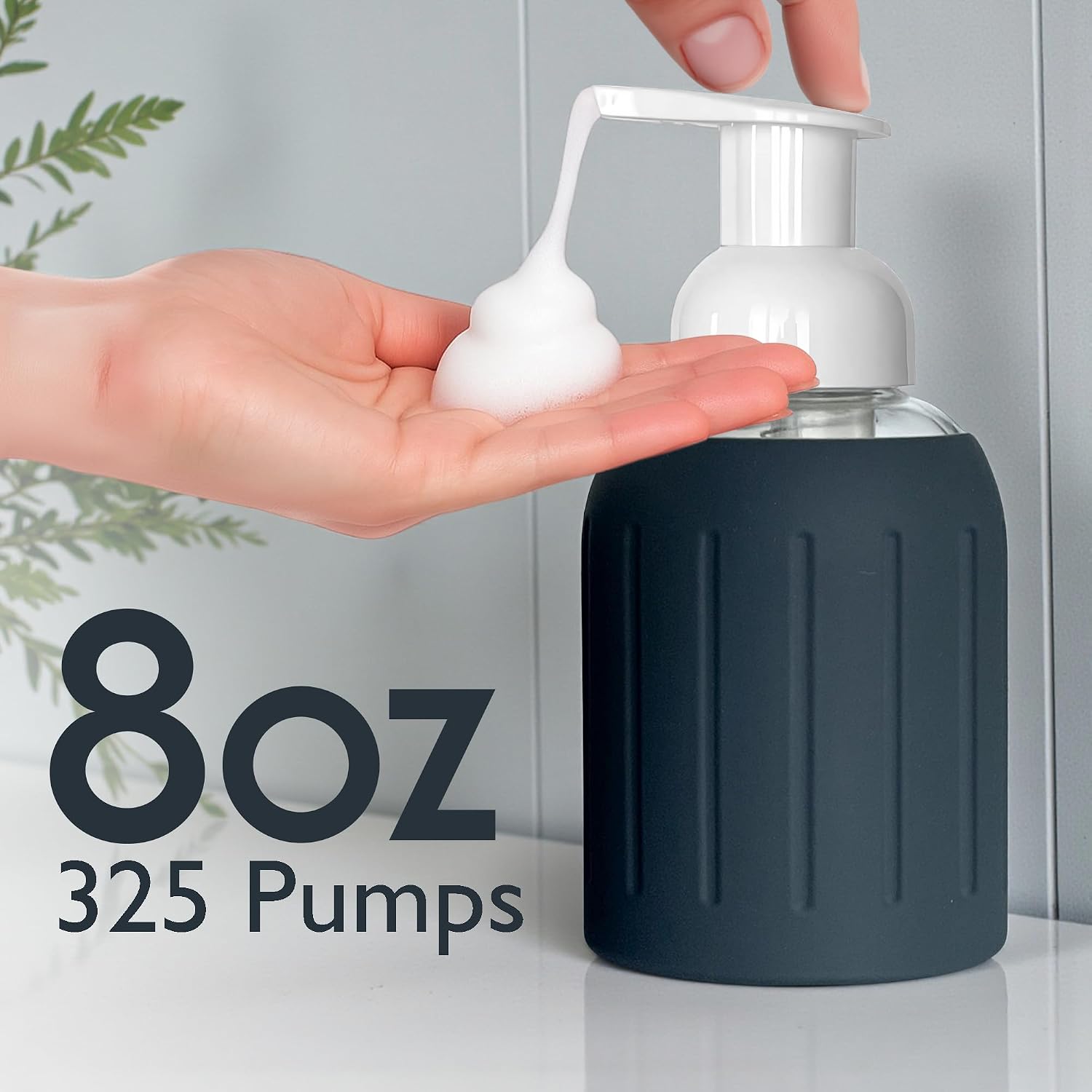 8oz Glass Foaming Soap Dispenser w/ Soft Silicone Sleeve- Fluted Charcoal