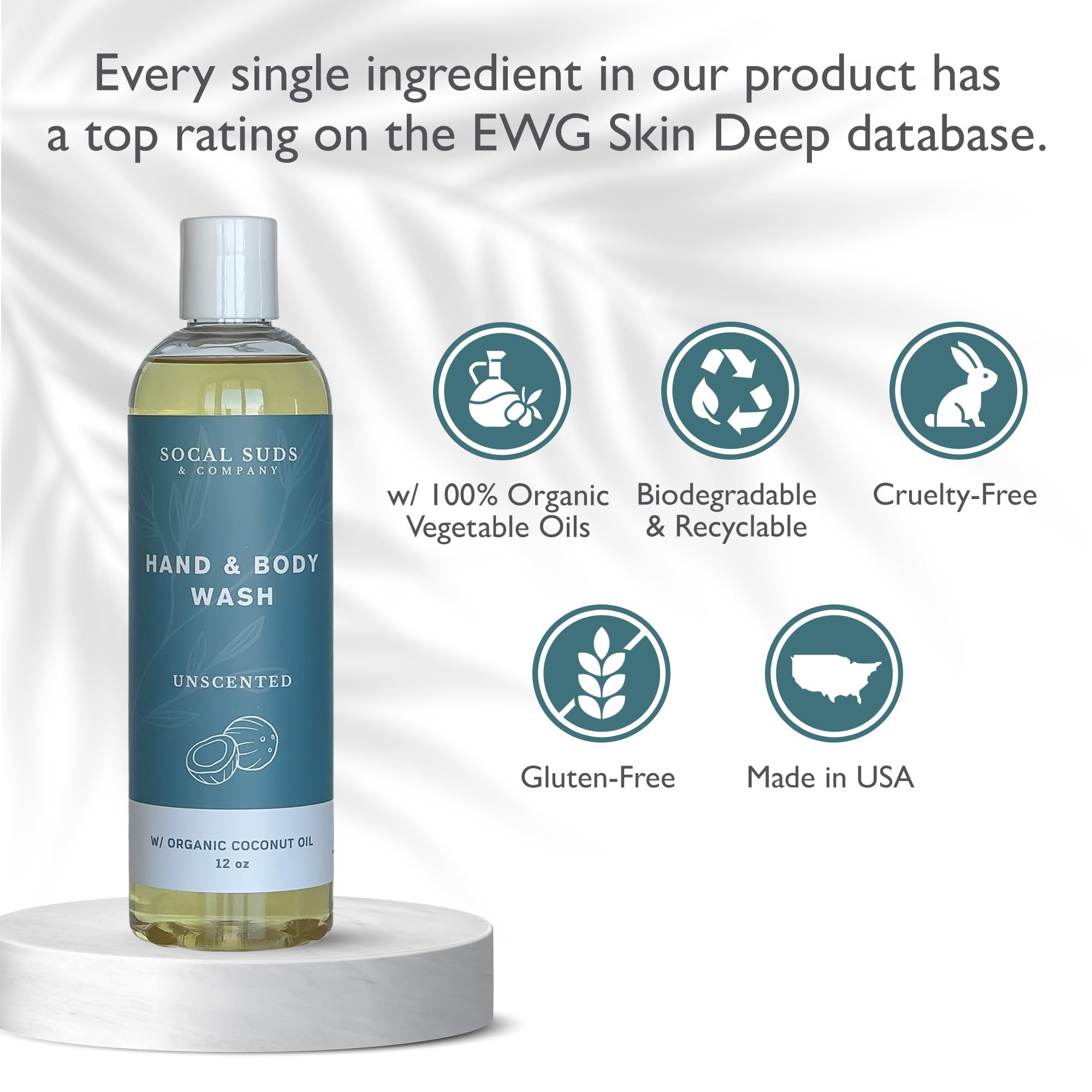 SoCal Suds & Company 12oz Organic Soap Liquid, Gentle Hand & Body Wash - Organic Body Wash for Men and Women, Made w/Organic Oils & Coconut Oil, Bath Essentials for All Skin Types - Fragrance-Free