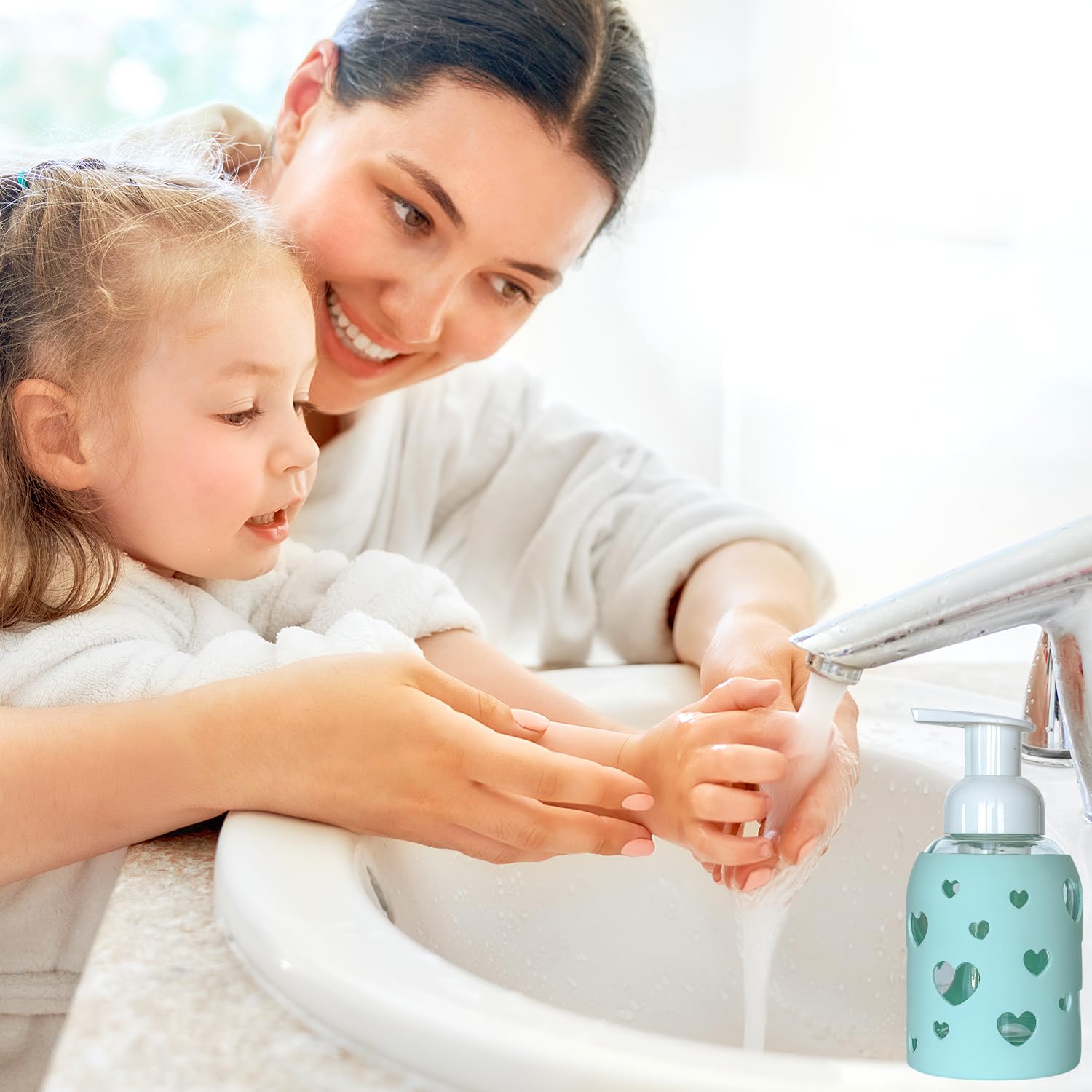 8oz Foaming Glass Bottle Dispenser w/Heart Silicone Sleeve  - Sea Glass