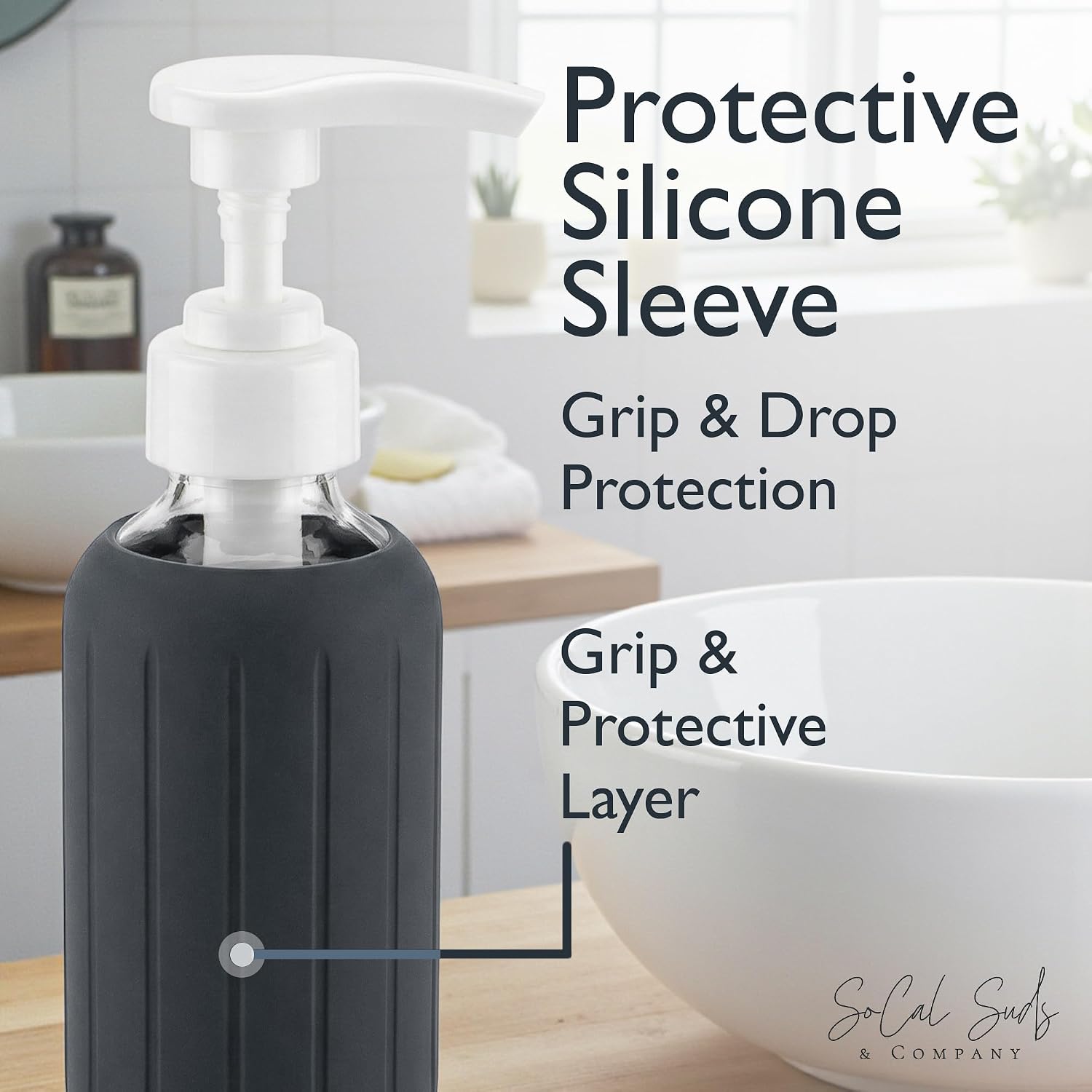 8oz Glass Gel Soap Dispenser w/ Soft Silicone Sleeve- Fluted- Charcoal