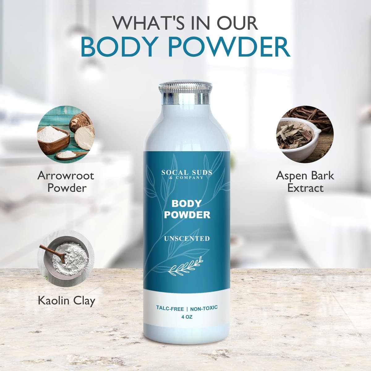 Natural Body Powder Talc-Free - with Arrowroot Powder, Kaolin, Aspen Bark Extract for Soft Soothing Delicate Skin - Fragrance Free, 4oz, 1-Pack