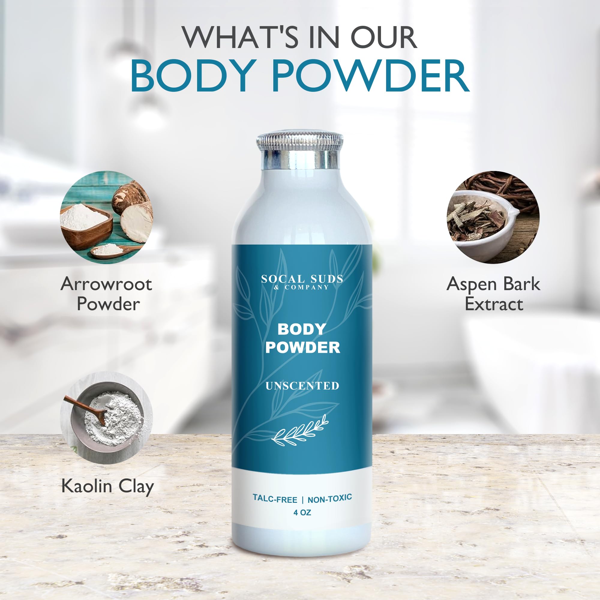 SoCal Suds &amp; Company Natural Body Powder Talc-Free - with Arrowroot Powder, Kaolin, Aspen Bark Extract for Soft Soothing Delicate Skin - Fragrance Free, 4oz, 1-Pack