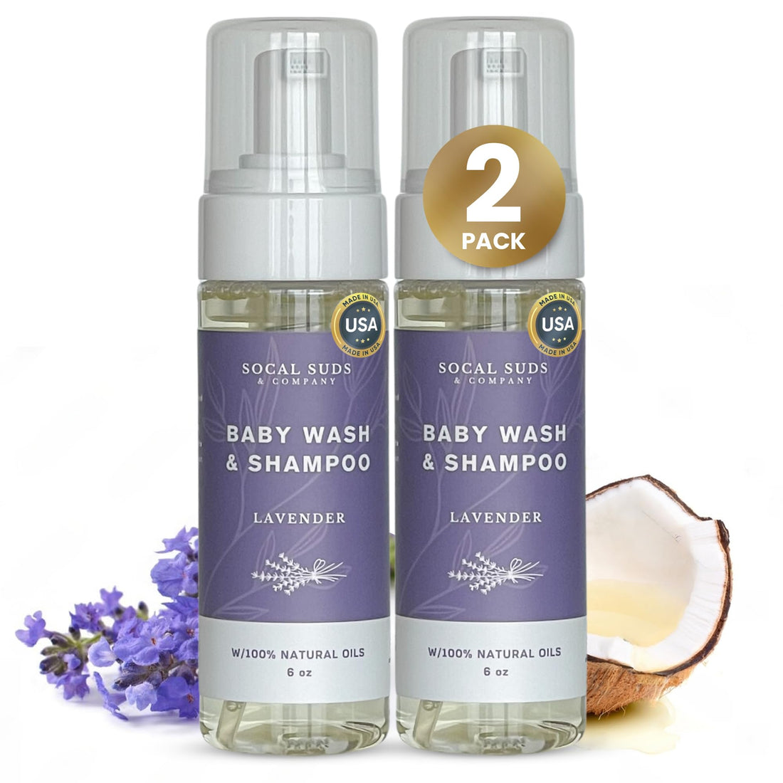 SoCal Suds &amp; Company Organic Foaming Baby Wash &amp; Shampoo - Gentle Cleansing Newborn Body &amp; Hair Soap for Sensitive Skin - Clean Natural Soothing Ingredients - Lavender, 6oz, 2-Pack