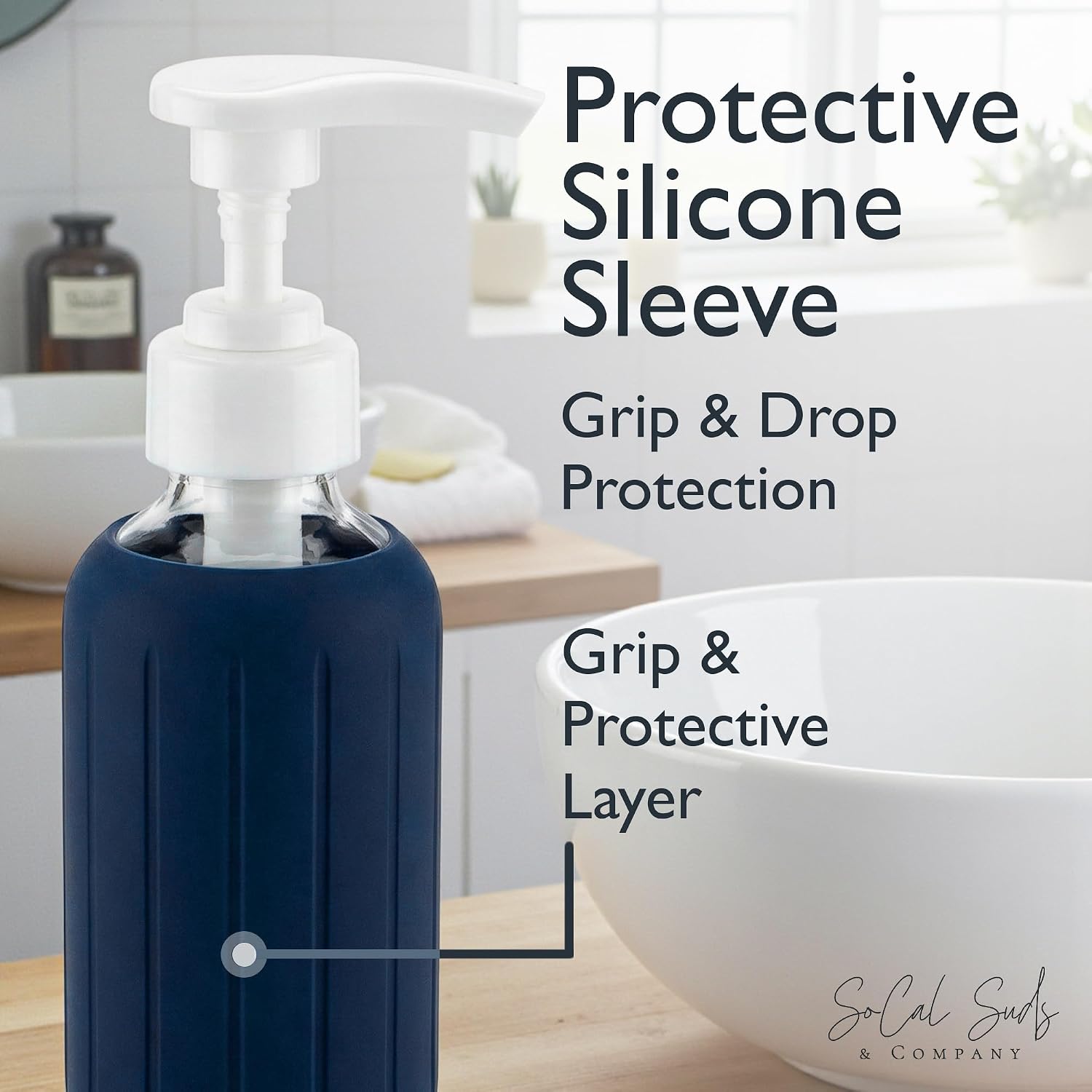 8oz Glass Gel Soap Dispenser w/ Soft Silicone Sleeve- Fluted- Navy Blue