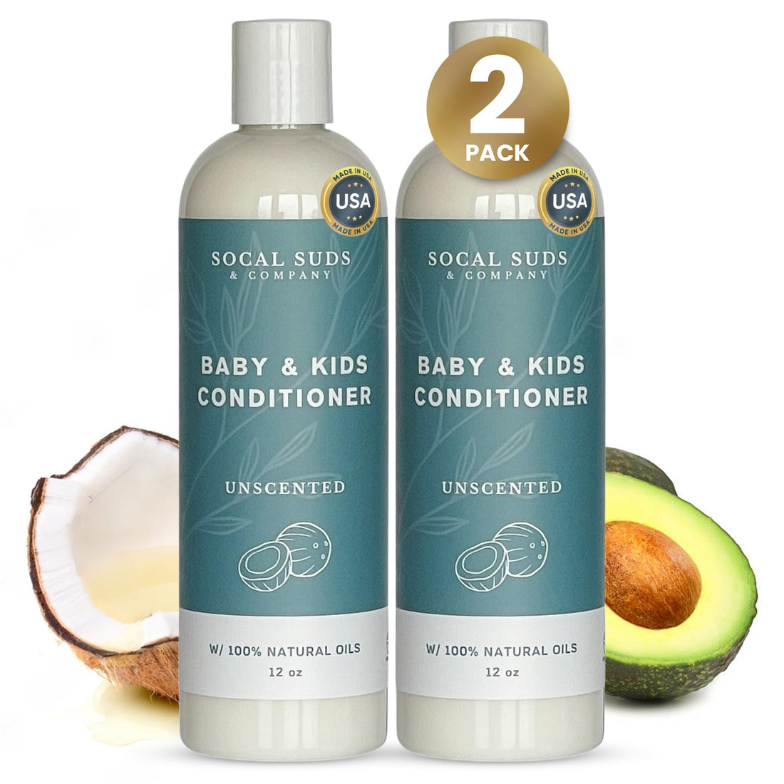 SoCal Suds &amp; Company Organic Baby &amp; Kids Conditioner - Gentle Natural Ingredients, Vitamin Rich Organic Oils for Babies and Kids Sensitive Scalp - Fragrance Free, 12oz - 2 Pack