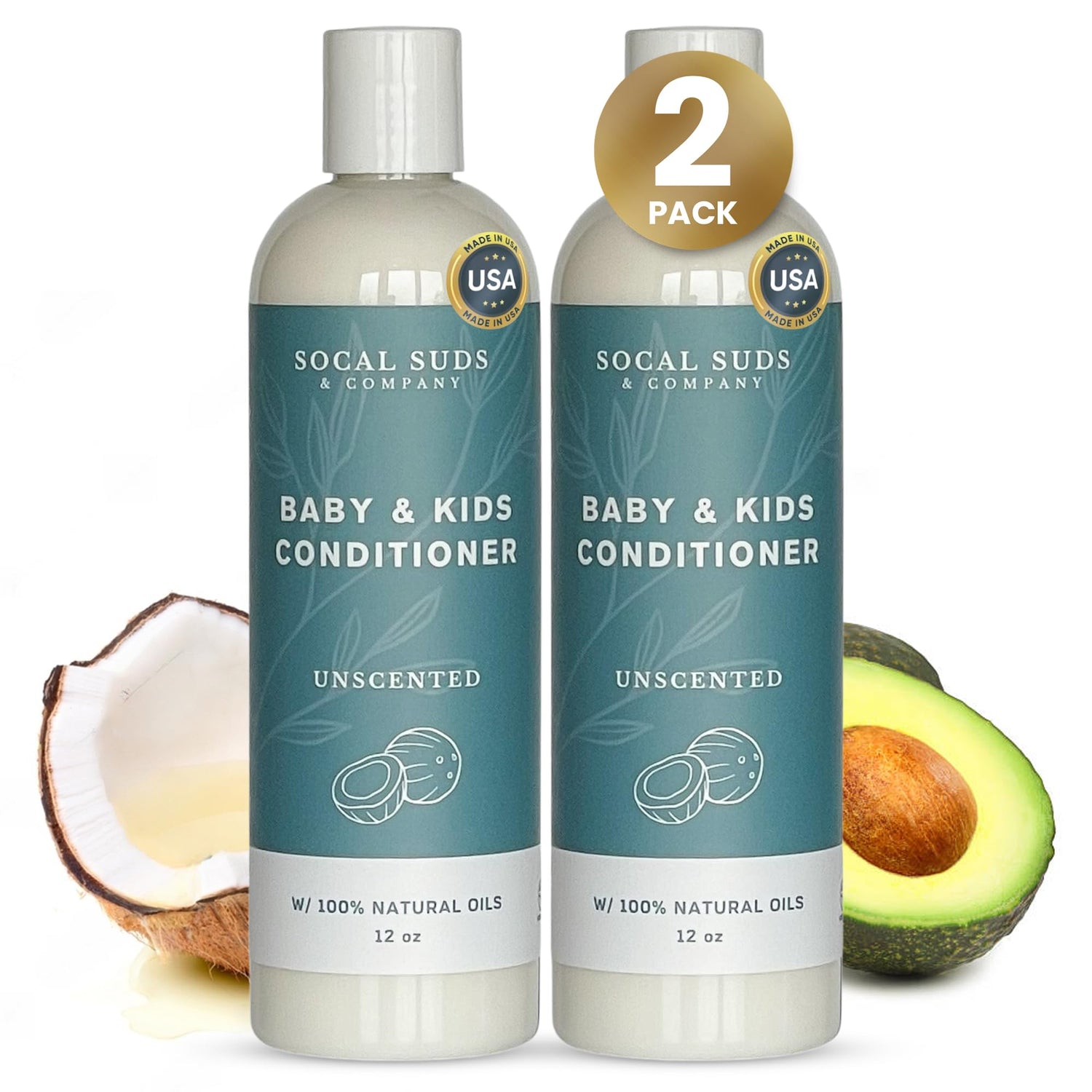 SoCal Suds &amp; Company Organic Baby &amp; Kids Conditioner - Gentle Natural Ingredients, Vitamin Rich Organic Oils for Babies and Kids Sensitive Scalp - Fragrance Free, 12oz - 2 Pack