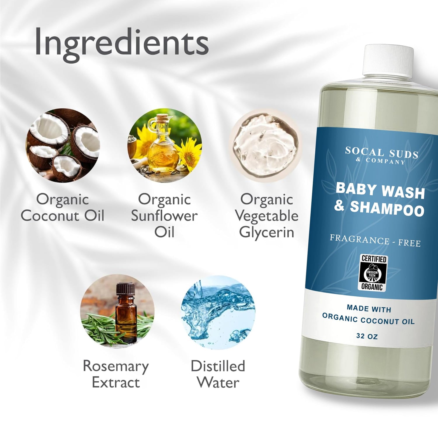 SoCal Suds &amp; Company - 2-in-1 Organic Foaming Baby Wash Castile Soap &amp; Shampoo Refill - Gentle Body Soap for Sensitive Gentle Bath -Nourishing Soothing Ingredients -Newborn Baby - Fragrance Free, 32oz