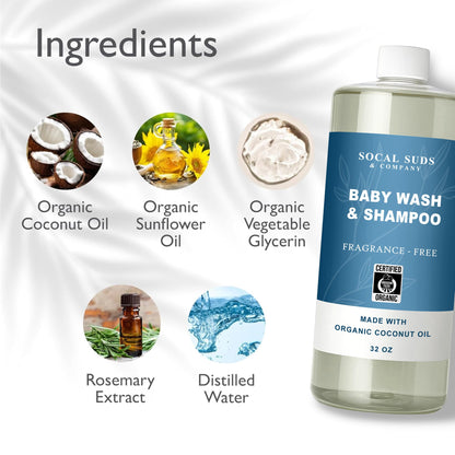 SoCal Suds &amp; Company - 2-in-1 Organic Foaming Baby Wash Castile Soap &amp; Shampoo Refill - Gentle Body Soap for Sensitive Gentle Bath -Nourishing Soothing Ingredients -Newborn Baby - Fragrance Free, 32oz