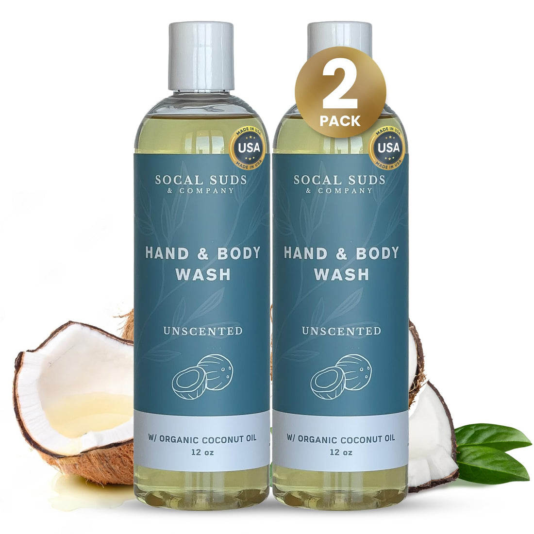 SoCal Suds &amp; Company - 12oz Organic Soap Liquid, Gentle Hand &amp; Body Wash, Body Wash for Men and Women, Made w/Organic Oils &amp; Coconut Oil, Bath Essentials for All Skin Types - 2pk Fragrance-Free