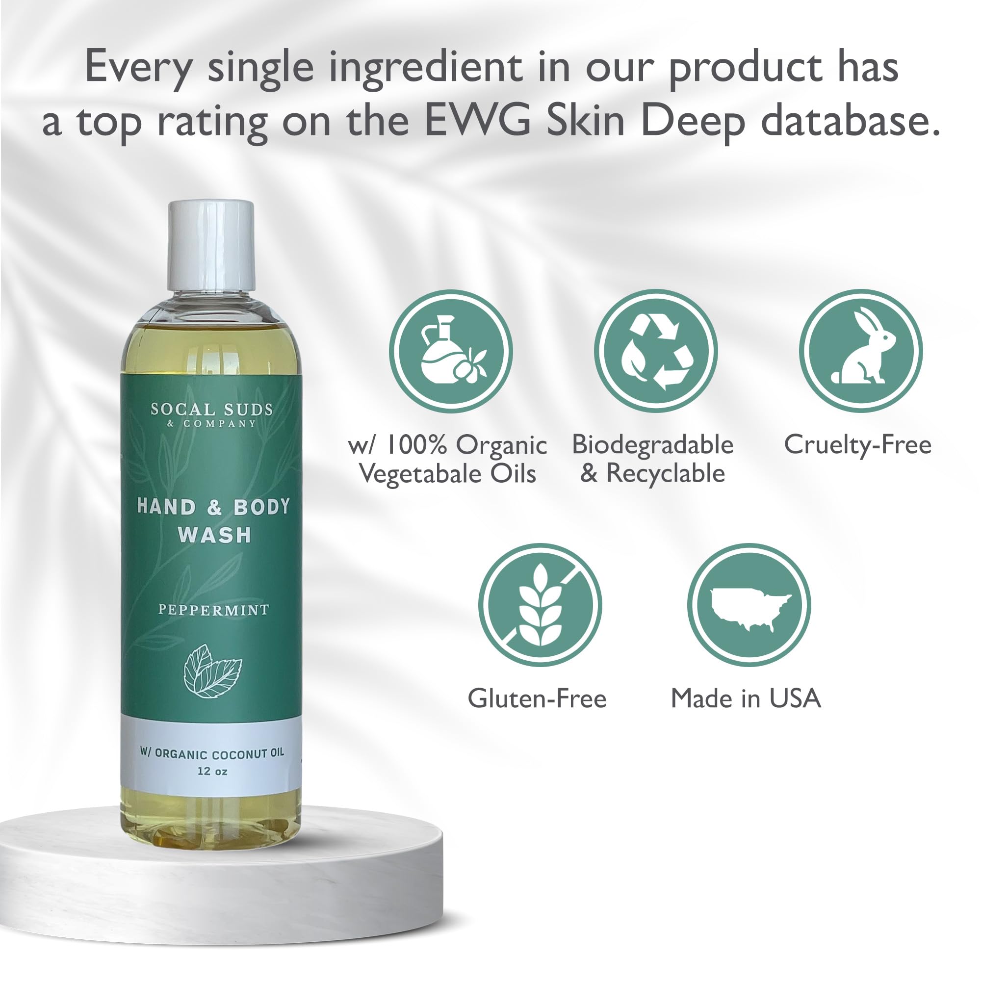 12oz Organic Soap Liquid, Gentle Hand & Body Wash - Organic Body Wash for Men and Women, Made w/Organic Oils & Coconut Oil, Bath Essentials for All Skin Types - Peppermint