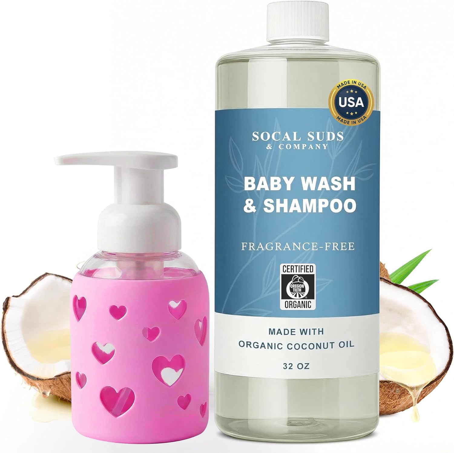 SoCal Suds & Company - 2-in-1 Organic Foaming Baby Wash Castile Soap & Shampoo Refill, Fragrance Free - 32oz & Foaming Hand Soap Dispenser Glass, Soap Pump with Silicone Sleeve, Bright Pink - 8oz