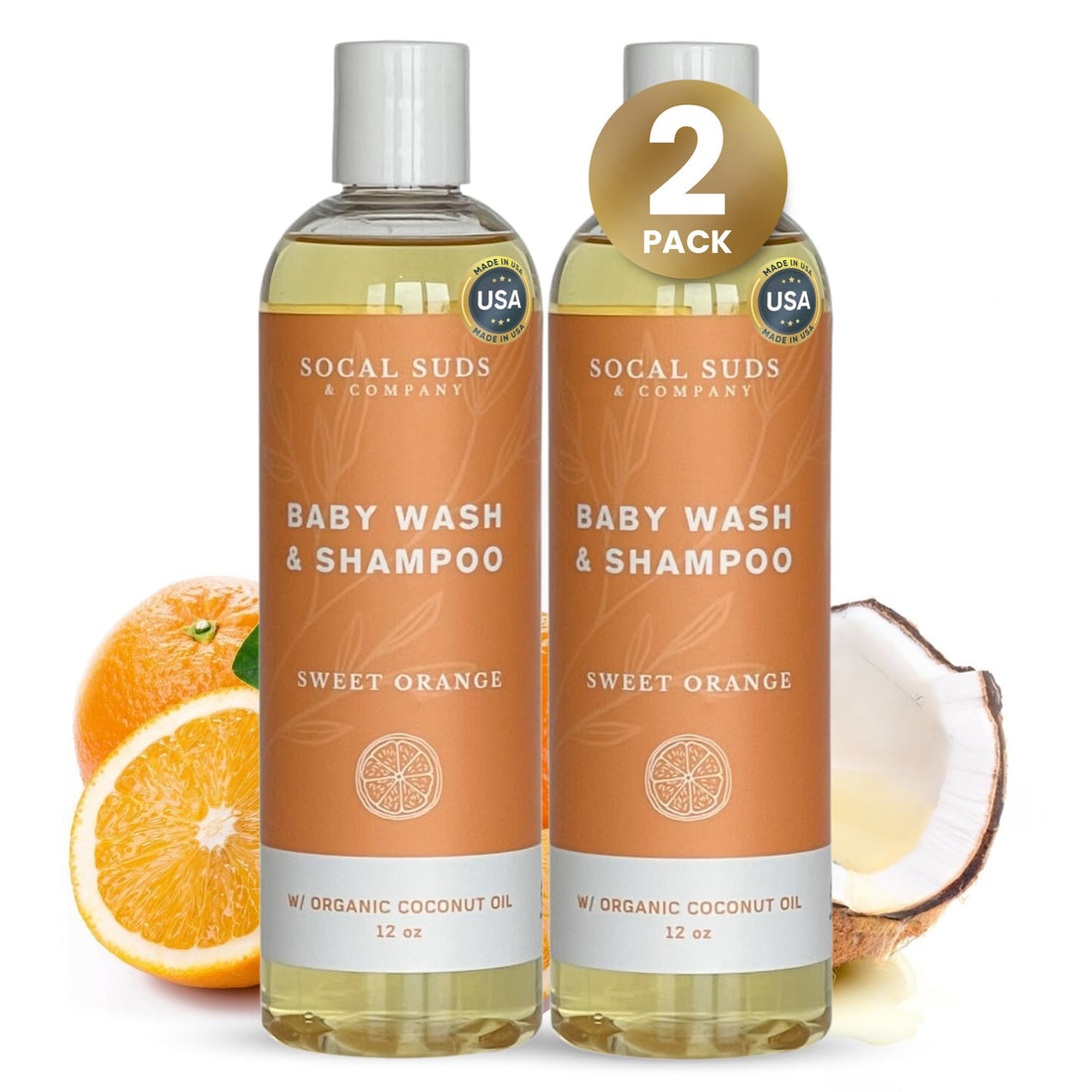 SoCal Suds &amp; Company Baby Shampoo &amp; Body Wash 2-in-1 Organic Gel - Gentle Castile Soap with Vitamin-Infused Oils &amp; Botanicals - Natural Care for Sensitive Skin Hypoallergenic - 12oz Sweet Orange 2-Pack