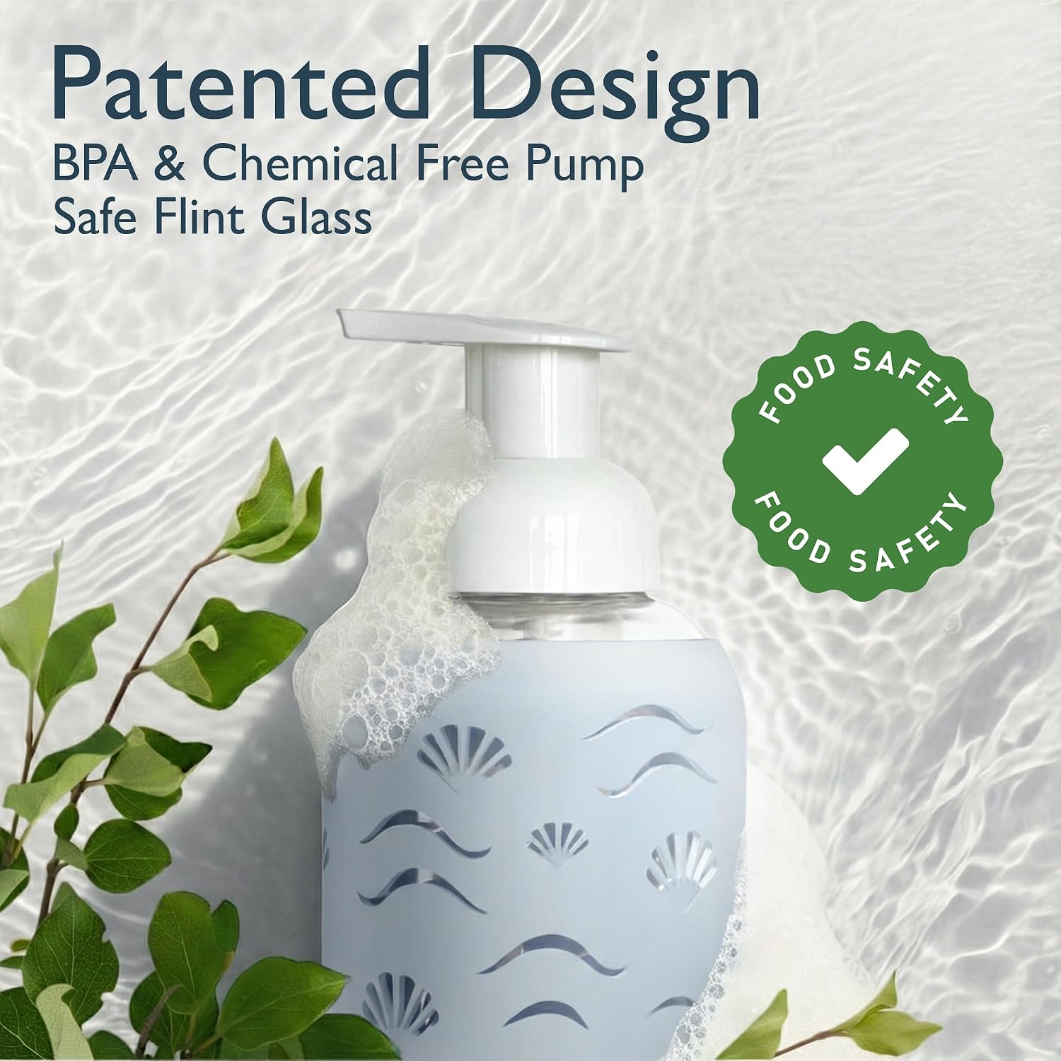 8oz Glass Foaming Soap Dispenser w/ Soft Silicone Sleeve- Seashells- Misty Blue
