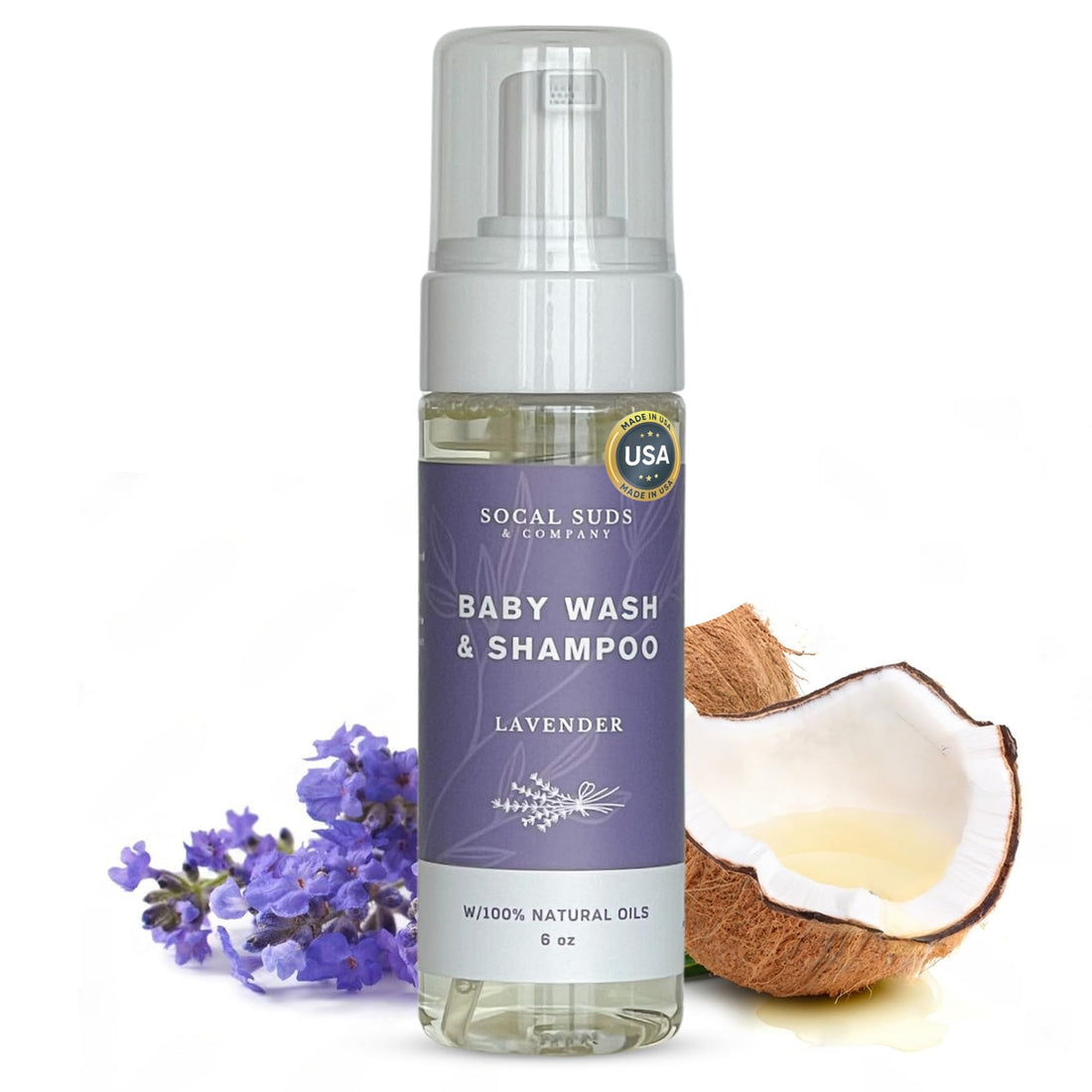 SoCal Suds &amp; Company 2-in-1 Organic Foaming Shampoo &amp; Body Wash - Gentle Botanical Baby Wash for Sensitive Skin Bath - Nourishing Soothing Castile Soap - Lavender, 6 oz (Pack of 1)