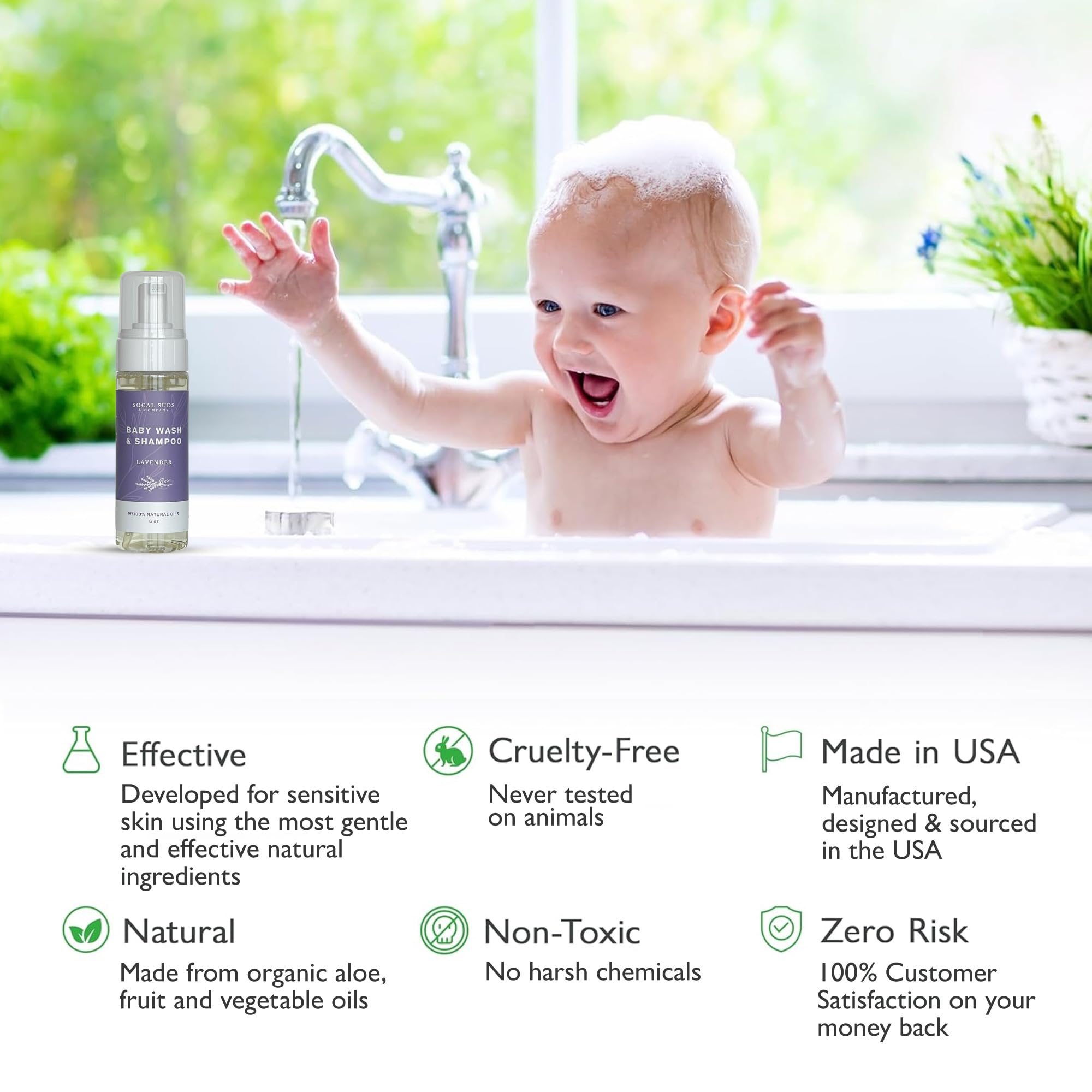 2-in-1 Organic Foaming Shampoo & Body Wash - Gentle Botanical Baby Wash for Sensitive Skin Bath - Nourishing Soothing Castile Soap - Lavender