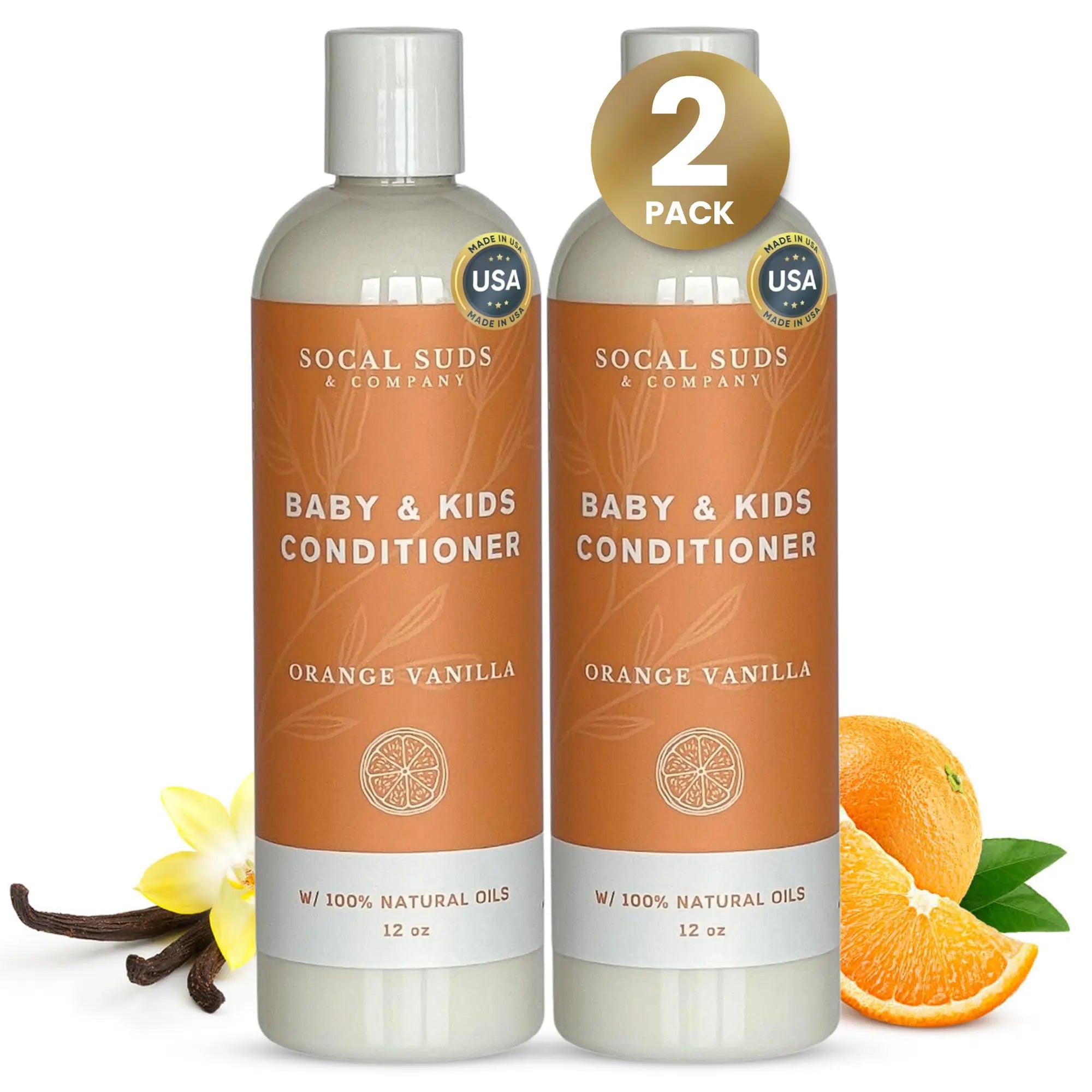 Organic Baby & Kids Conditioner - Gentle Natural Ingredients, Vitamin Rich Organic Oils for Babies and Kids Sensitive Scalp - Orange Vanilla, 12oz - 2 Pack