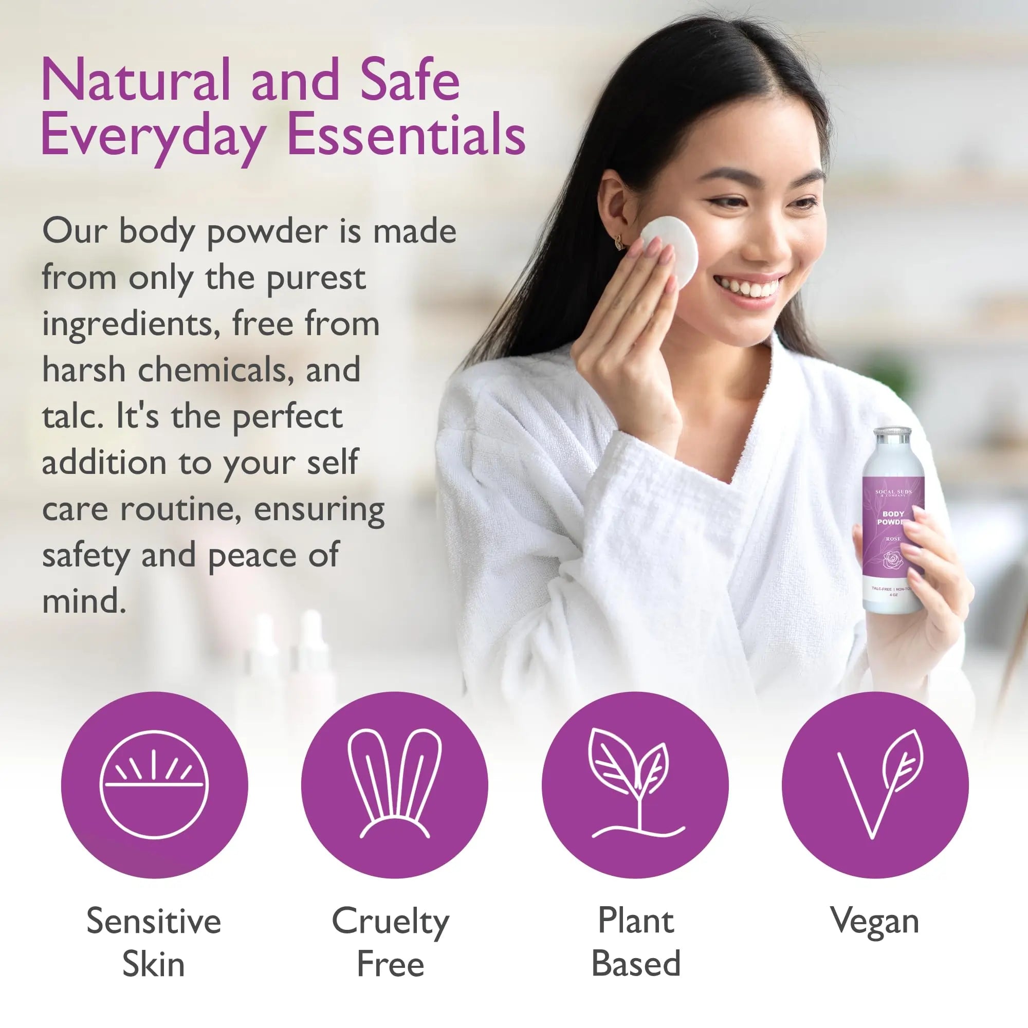 Natural Body Powder Talc-Free - with Arrowroot Powder, Kaolin, Aspen Bark Extract for Soft Soothing Delicate Skin - Rose 4oz, 1-Pack