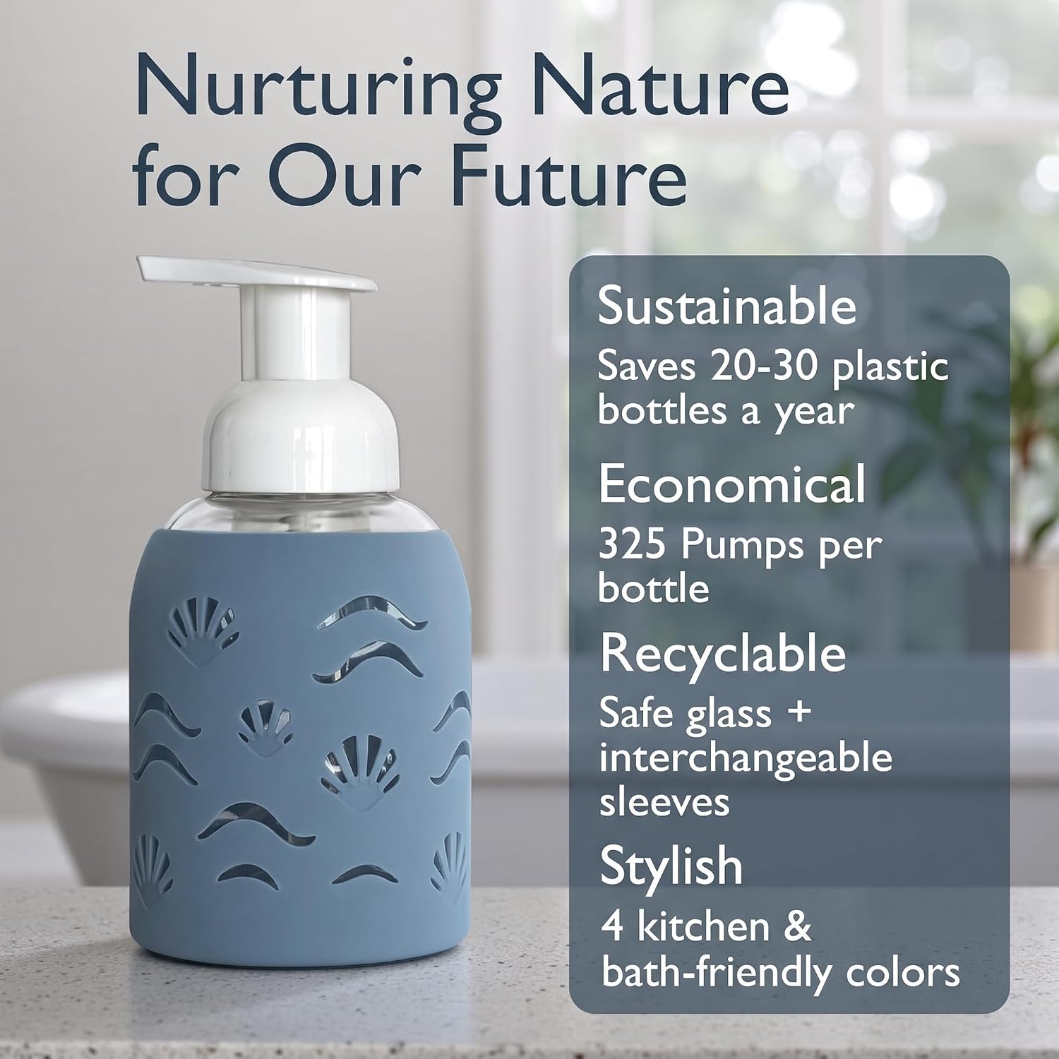8oz Glass Foaming Soap Dispenser w/ Soft Silicone Sleeve- Seashells- Storm Blue