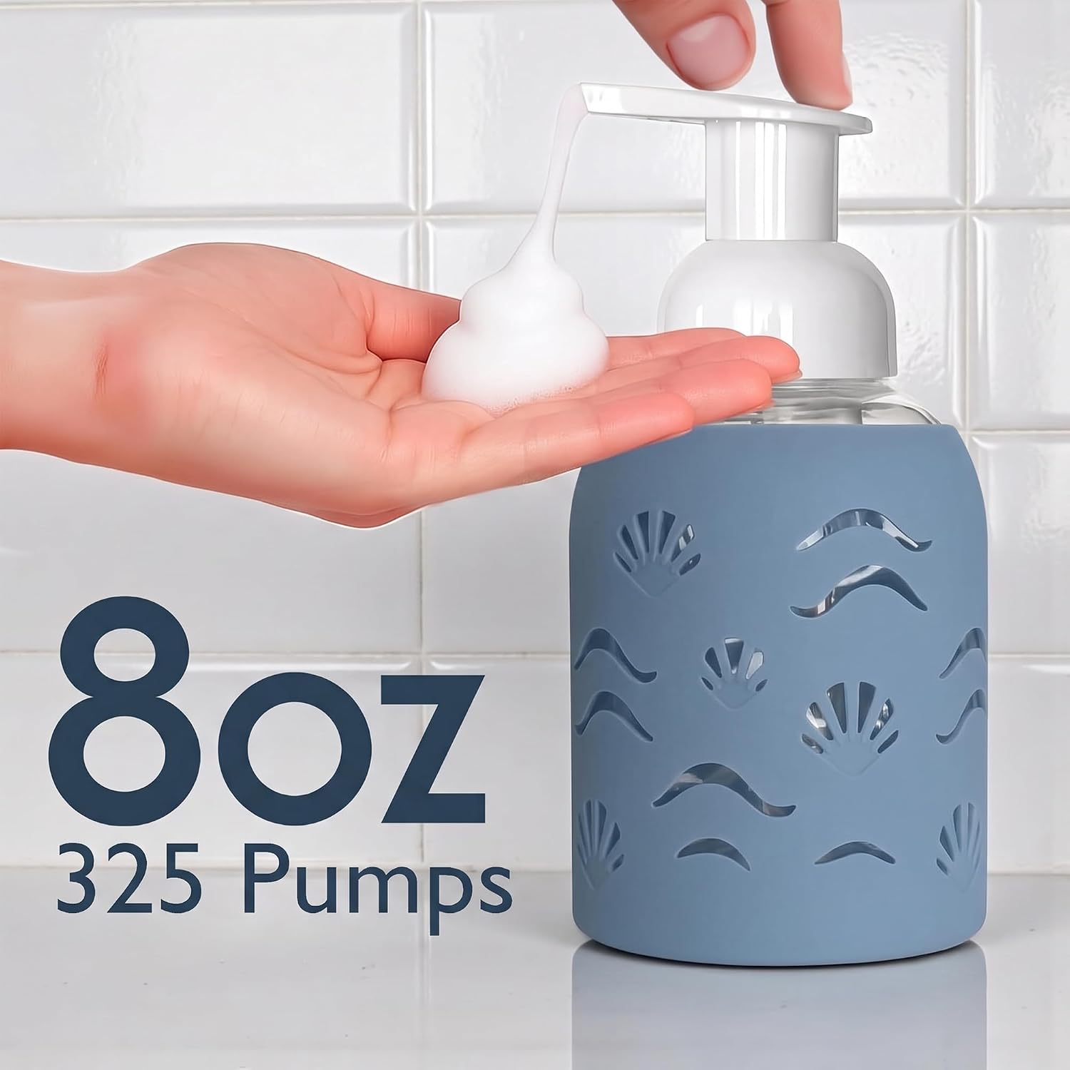 8oz Glass Foaming Soap Dispenser w/ Soft Silicone Sleeve- Seashells- Storm Blue