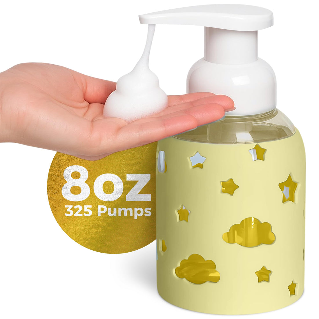 SoCal Suds &amp; Company Glass Bottle Foaming Soap Dispenser - Soft Grip Silicone Sleeve, Refillable Pump Bottle for Kids, Baby Wash &amp; Shampoo, Hand Soap Dispenser, Ideal for Home Use, Light Yellow 8oz