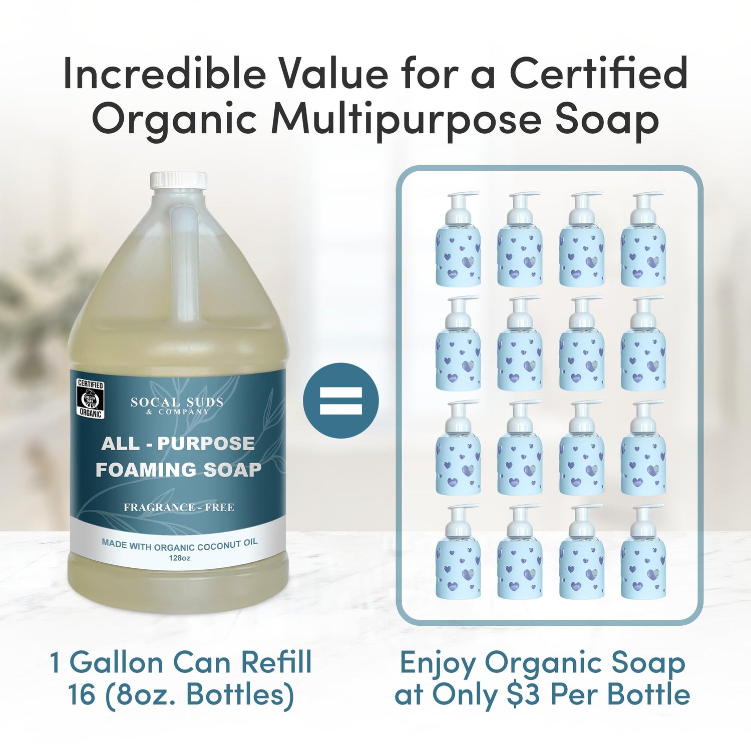 SoCal Suds &amp; Company 128oz Certified Organic Foaming Hand &amp; Body Wash - Gentle Natural Body,Baby &amp; Face Wash for Sensitive Skin, Moisturizing All-Purpose Foaming Soap &amp; More - Fragrance Free