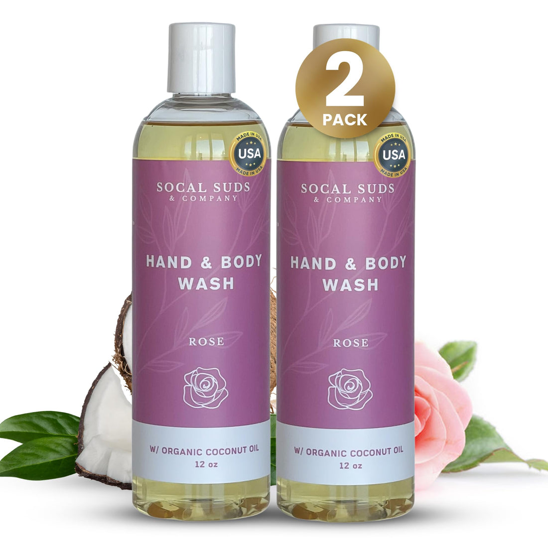 SoCal Suds &amp; Company - 12oz Organic Soap Liquid, Gentle Hand &amp; Body Wash, Organic Body Wash for Men and Women, Made w/Organic Oils &amp; Coconut Oil, Bath Essentials for All Skin Types - 2pk Rose