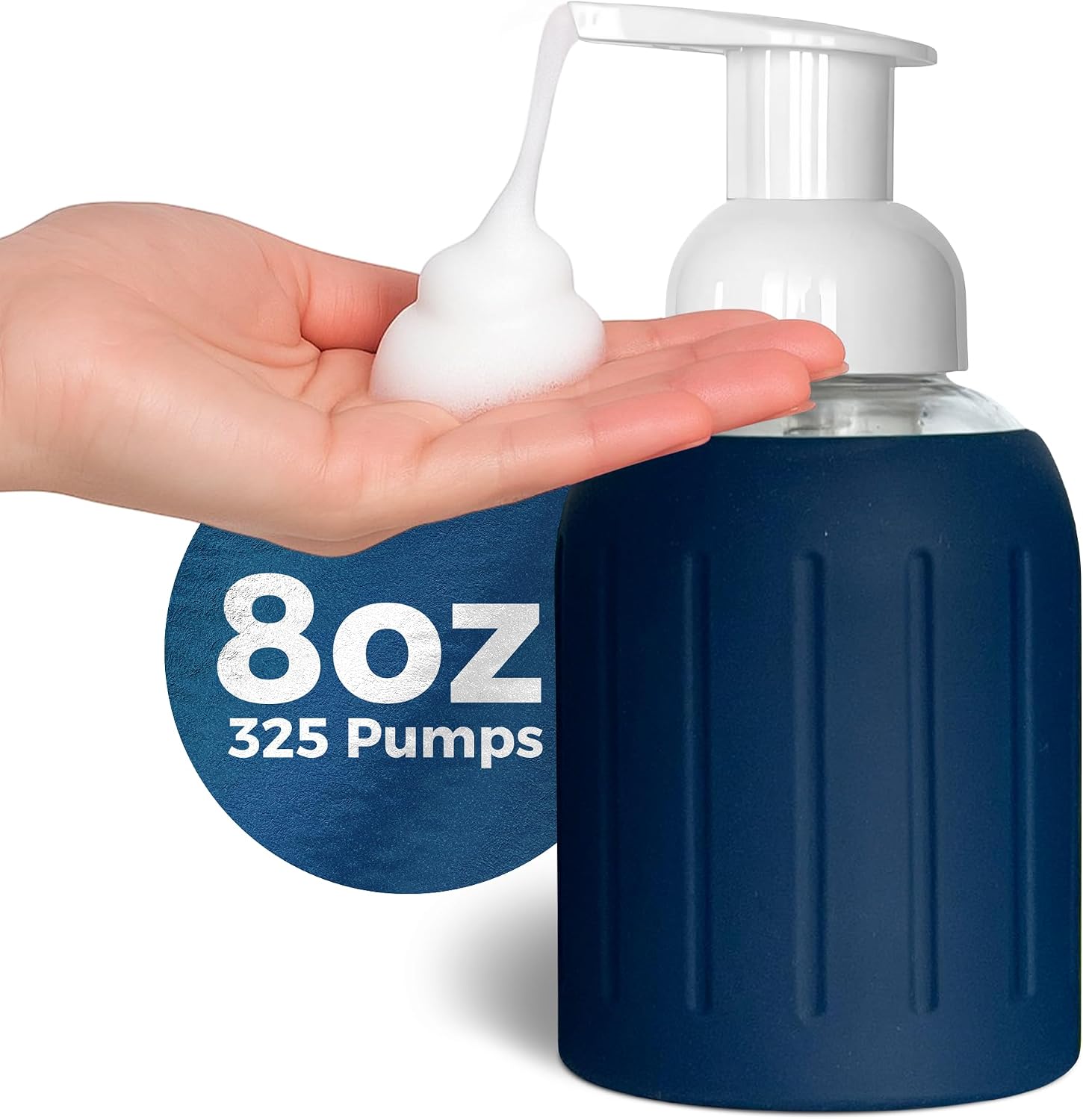 8oz Glass Foaming Soap Dispenser w/ Soft Silicone Sleeve- Seashells- Navy Blue