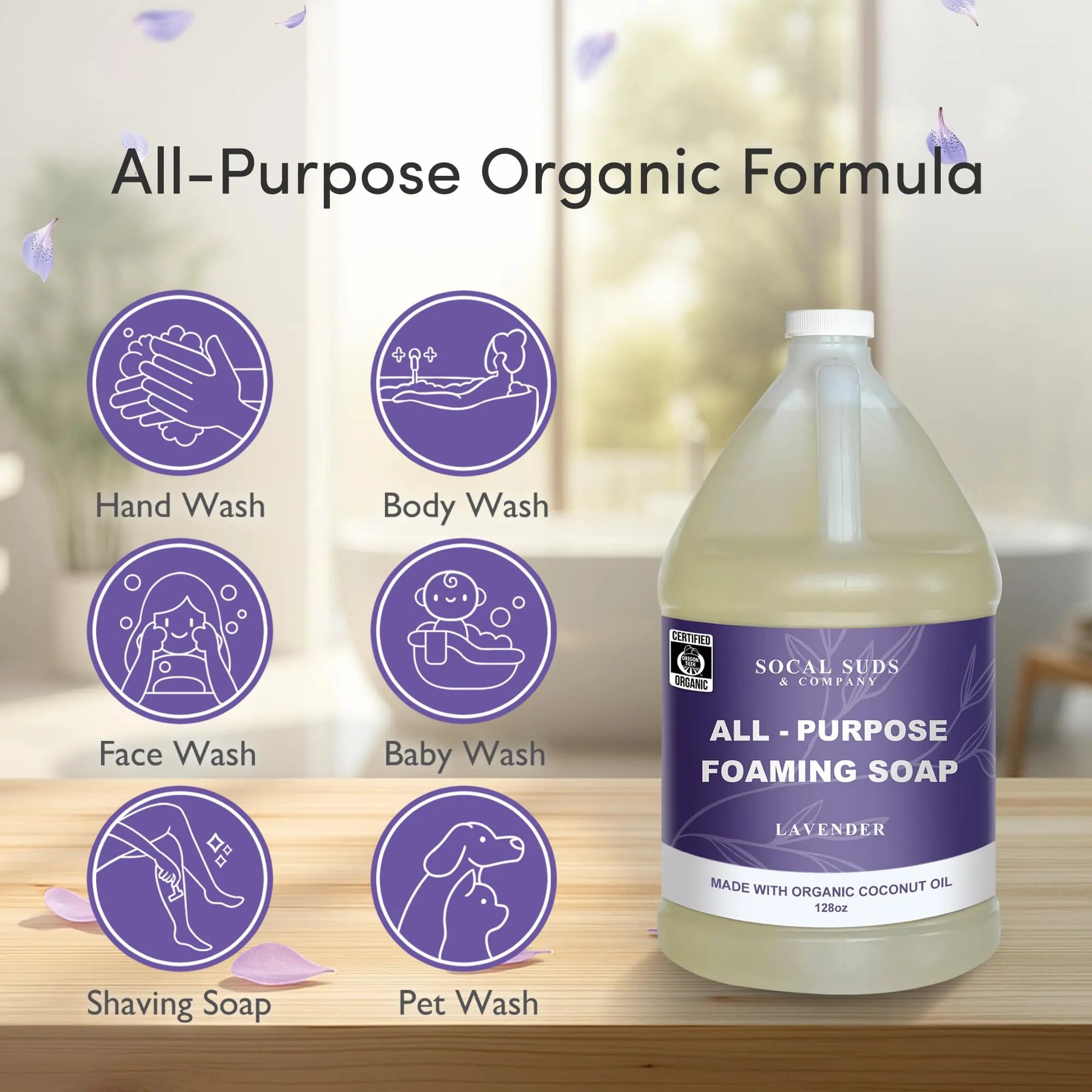 128oz Certified Organic Foaming Hand & Body Wash - Gentle Natural Body,Baby & Face Wash for Sensitive Skin, Moisturizing Soap, Hand Soap and More - Lavender