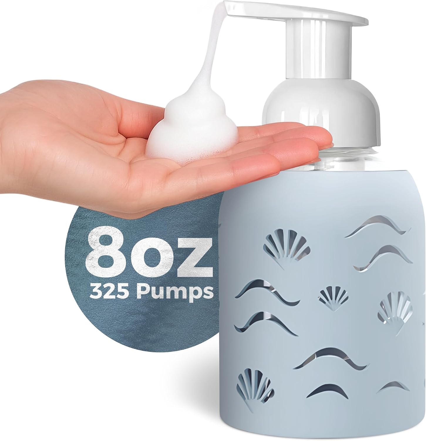 8oz Glass Foaming Soap Dispenser w/ Soft Silicone Sleeve- Seashells- Misty Blue