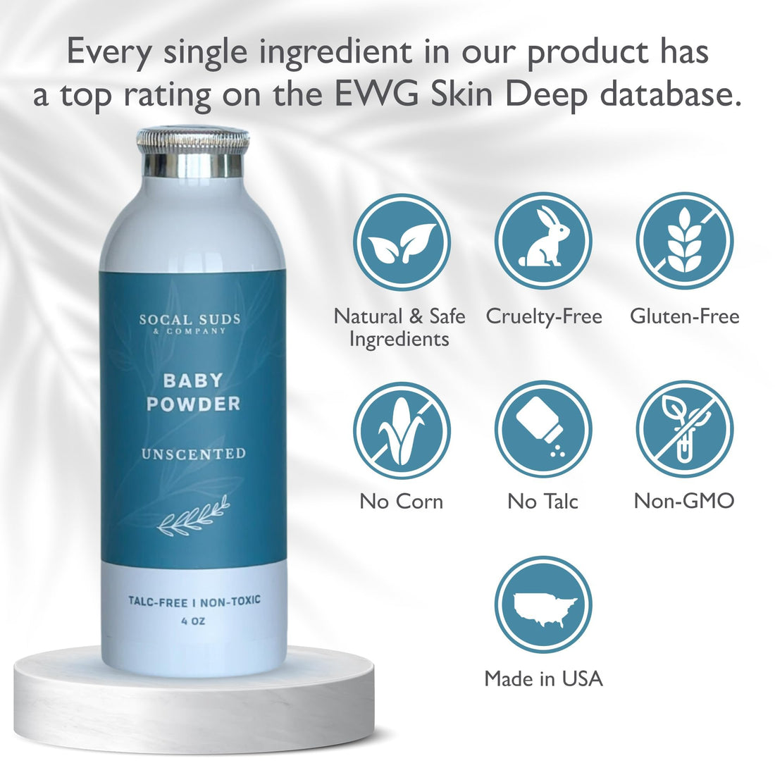 SoCal Suds &amp; Company Natural Baby Powder Talc-Free Formula - with Arrowroot, Kaolin, Aspen Bark Extract for Soft Soothing Sensitive Skin - Gentle Absorption - Fragrance Free, 4oz, 2-Pack
