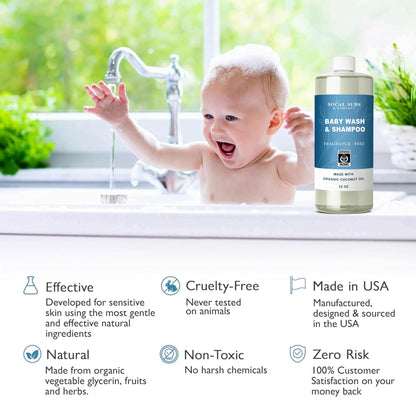 SoCal Suds &amp; Company - 2-in-1 Organic Foaming Baby Wash Castile Soap &amp; Shampoo Refill - Gentle Body Soap for Sensitive Gentle Bath -Nourishing Soothing Ingredients -Newborn Baby - Fragrance Free, 32oz