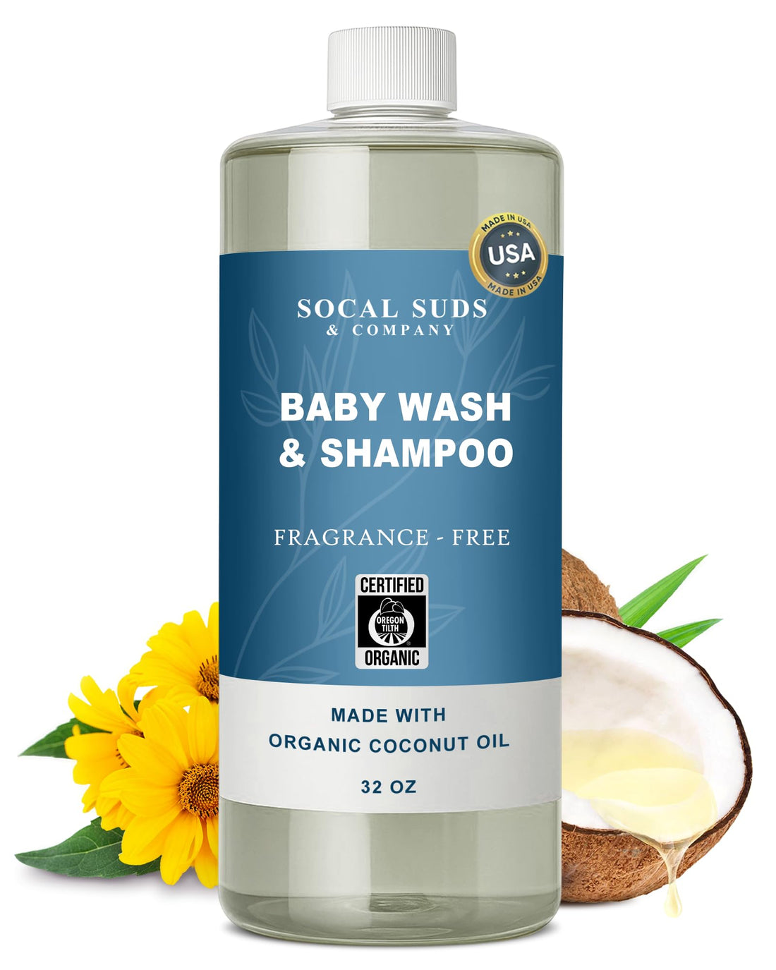 SoCal Suds &amp; Company - 2-in-1 Organic Foaming Baby Wash Castile Soap &amp; Shampoo Refill - Gentle Body Soap for Sensitive Gentle Bath -Nourishing Soothing Ingredients -Newborn Baby - Fragrance Free, 32oz